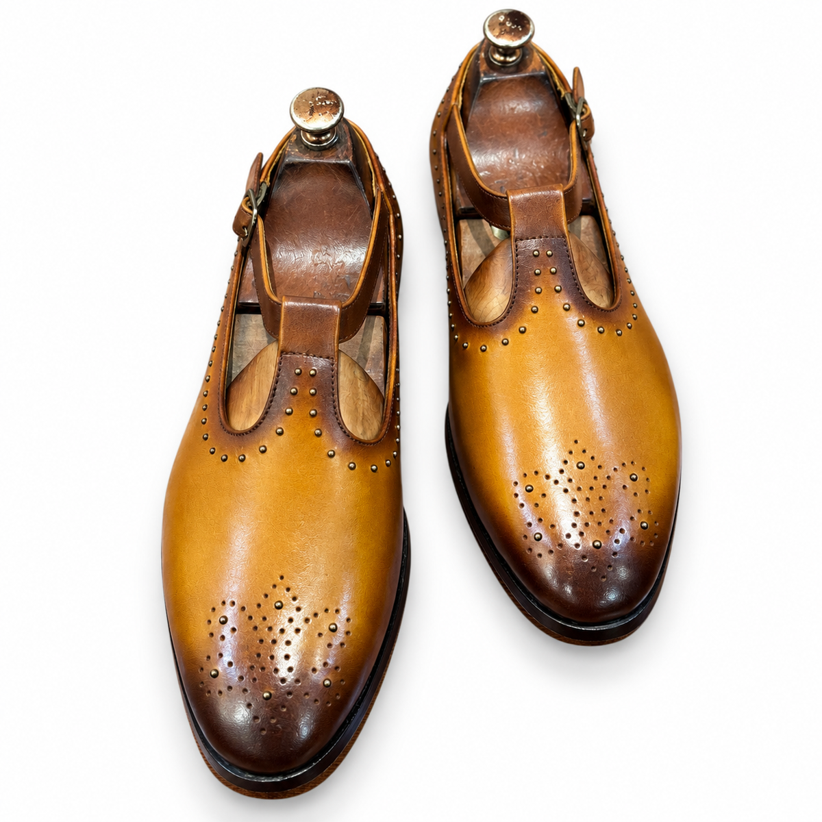 Cognac Studded T-Bar Sandals