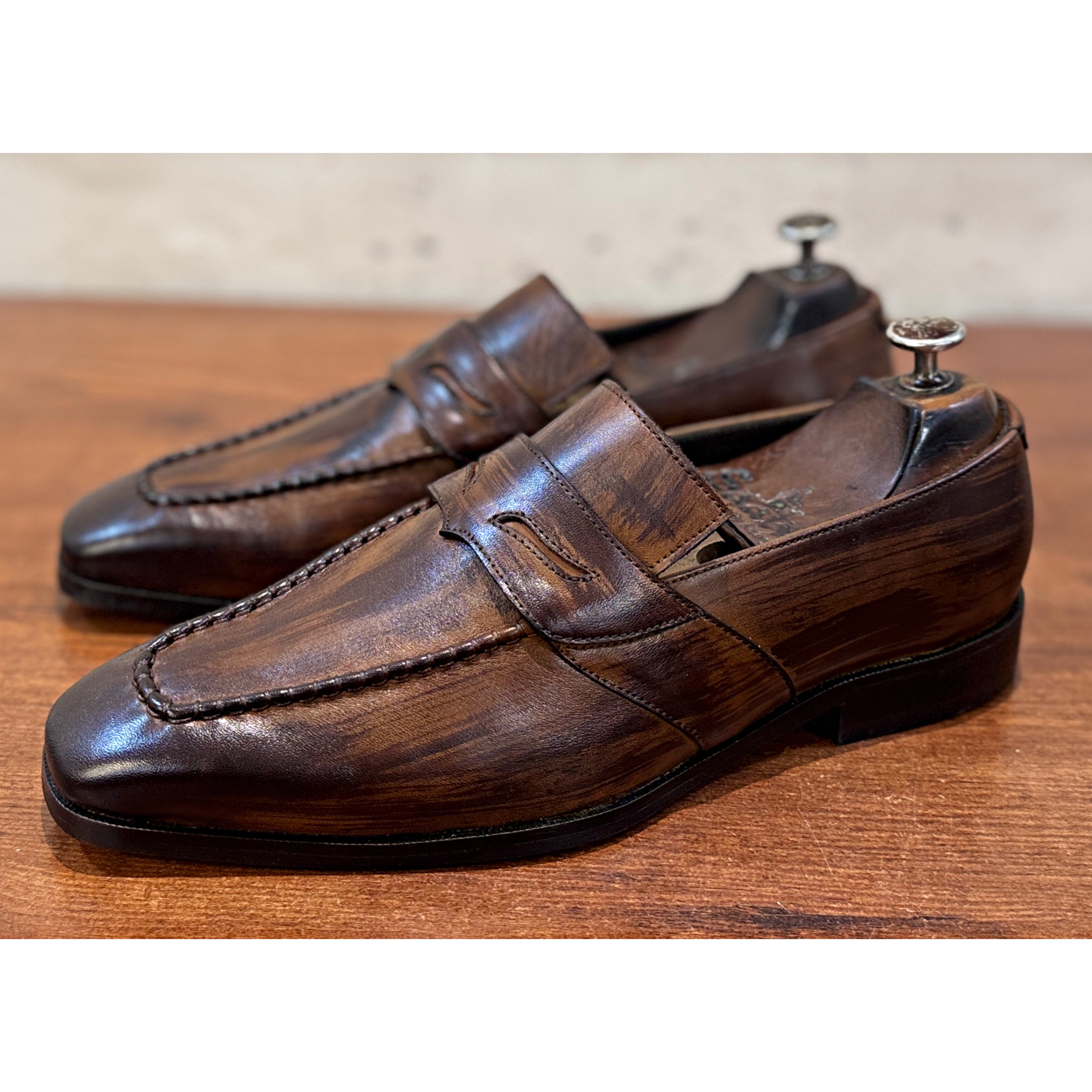 The Lorenzo Patina Loafer – Handmade Burnished Brown Penny Loafers