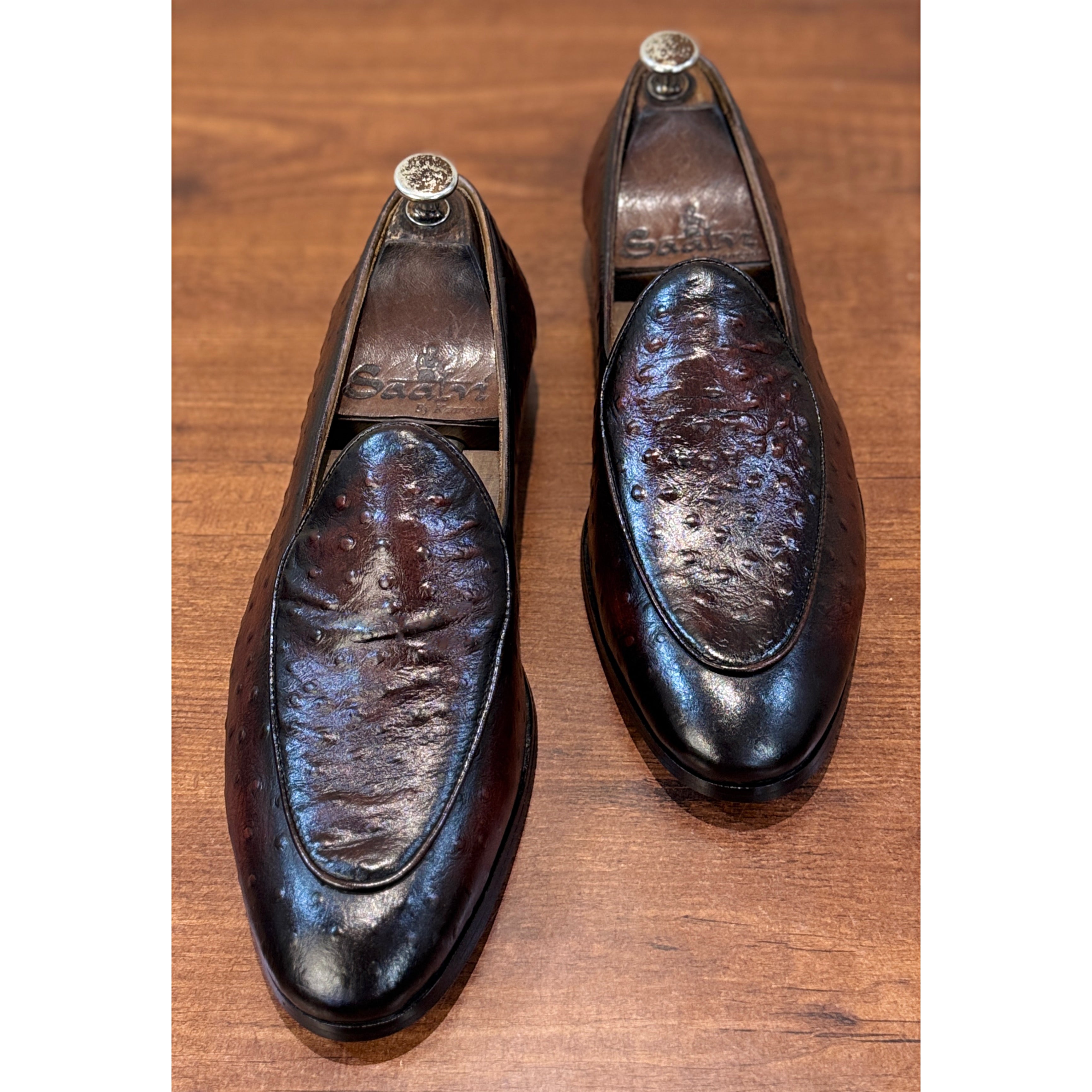 Men’s Dark Brown Ostrich-Embossed Leather Loafers – Luxury Slip-On Dress Shoes
