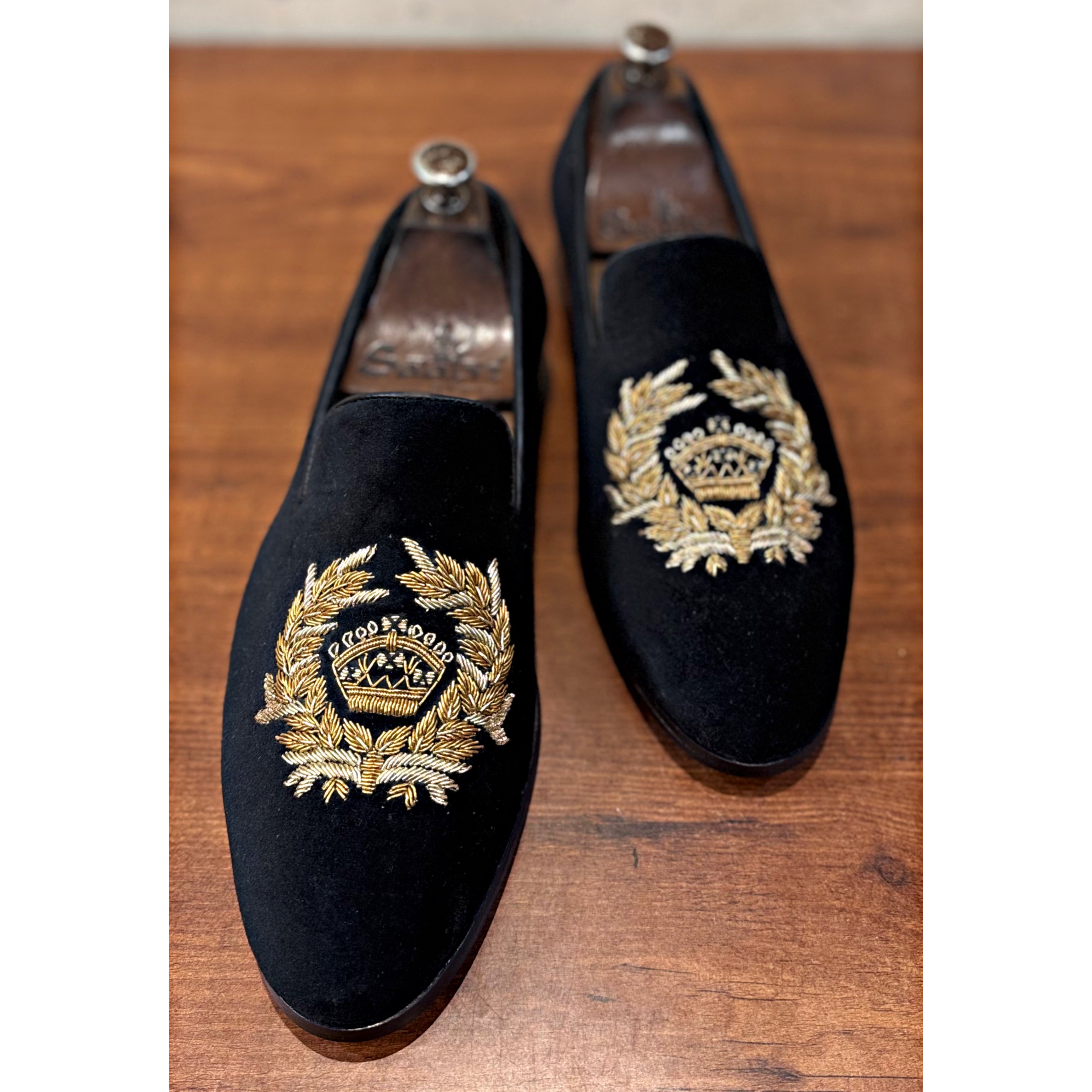 Black Crown Embroidery Slipons