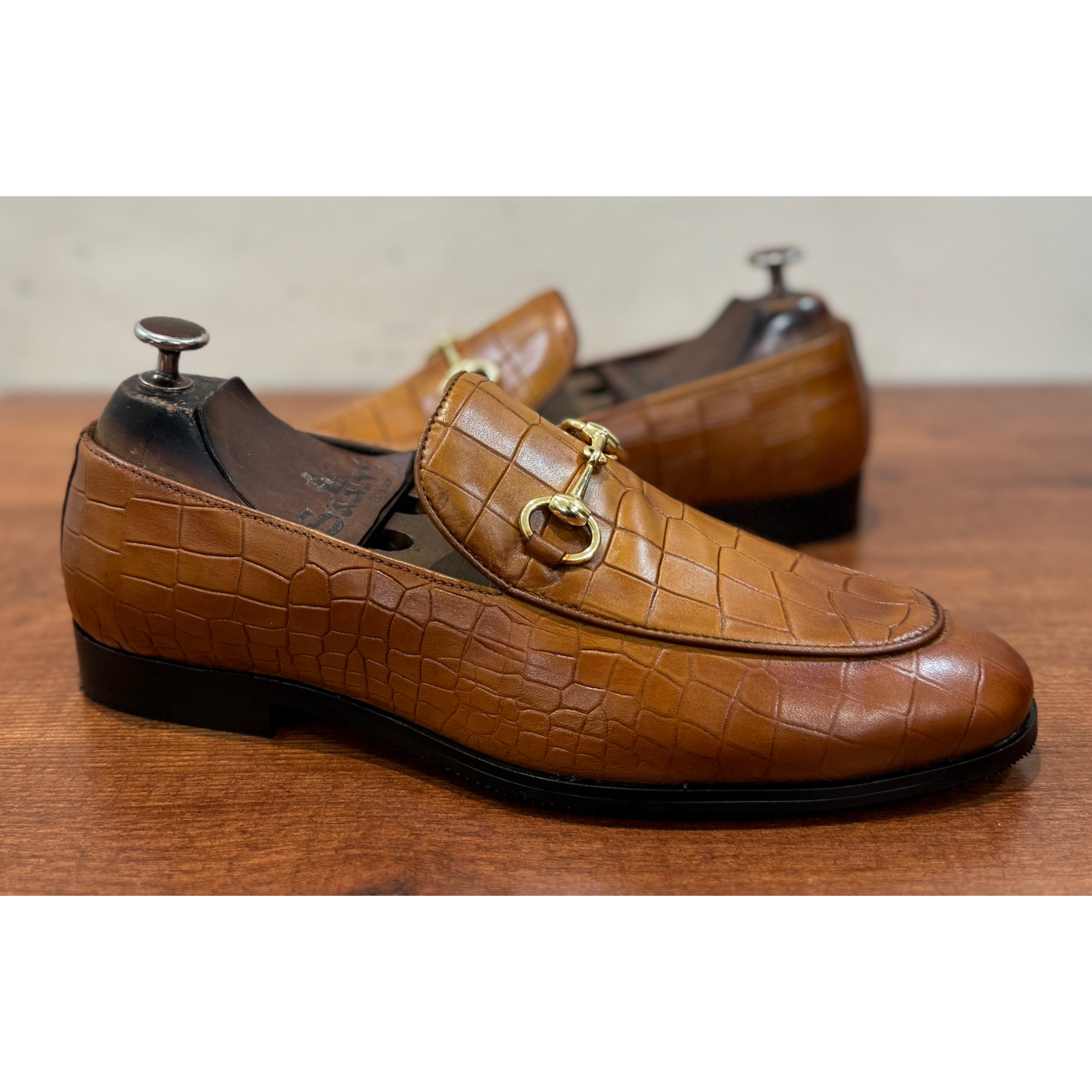 Tan Croco Horsebit Loafers
