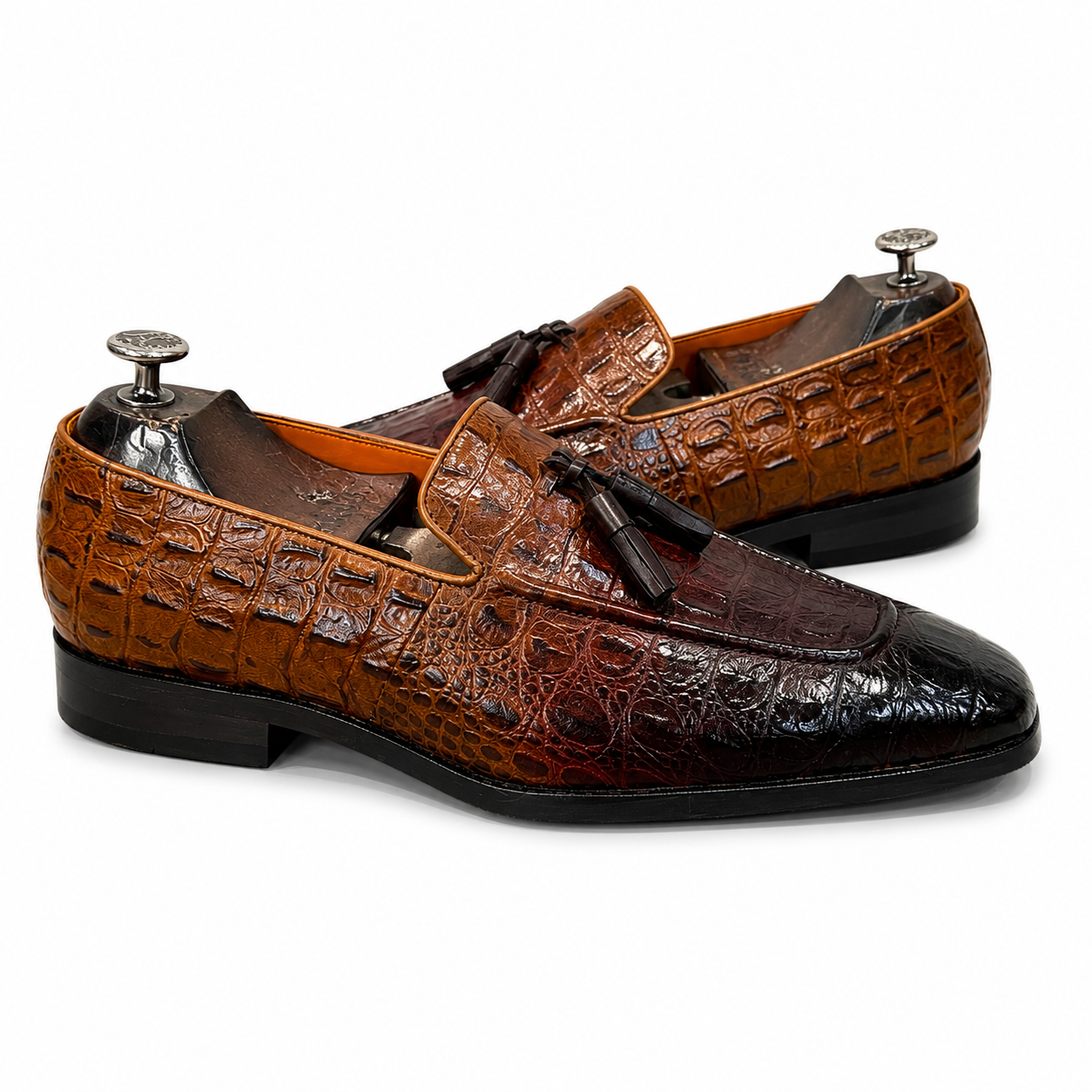 Cognac & Espresso Crocodile Embossed Leather Tassel Loafers