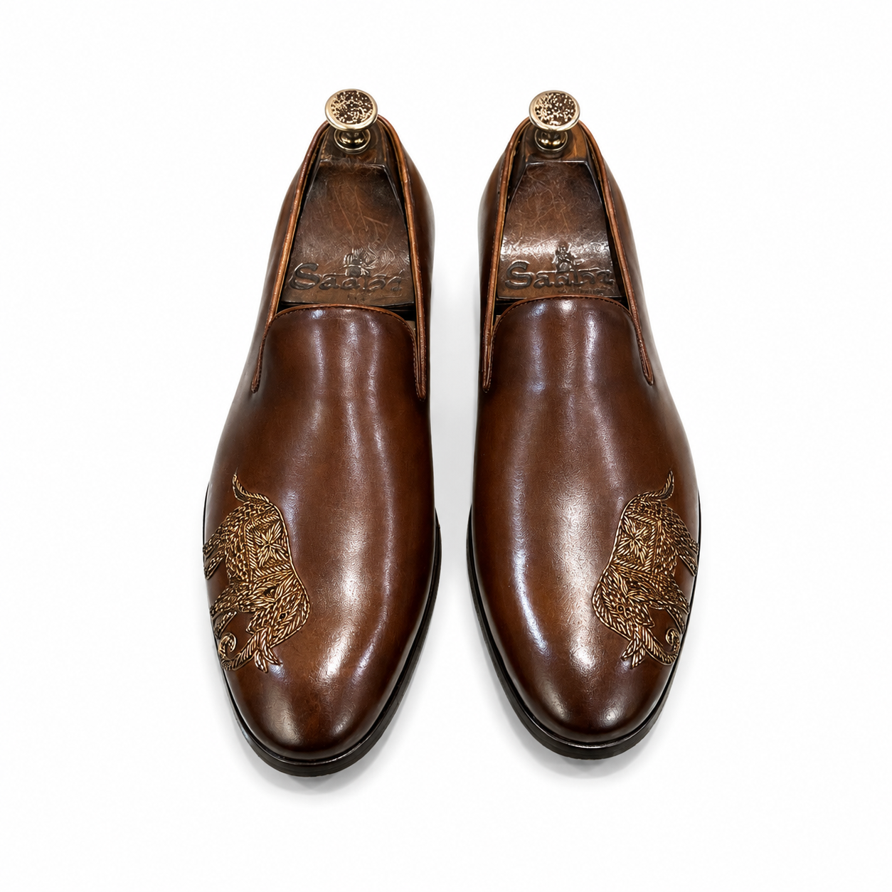 Brown Elephant Embroidered Leather Loafers