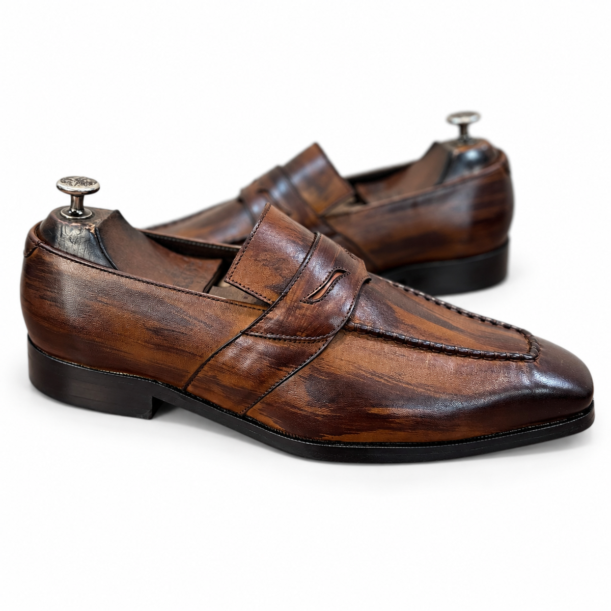 The Lorenzo Patina Loafer – Handmade Burnished Brown Penny Loafers