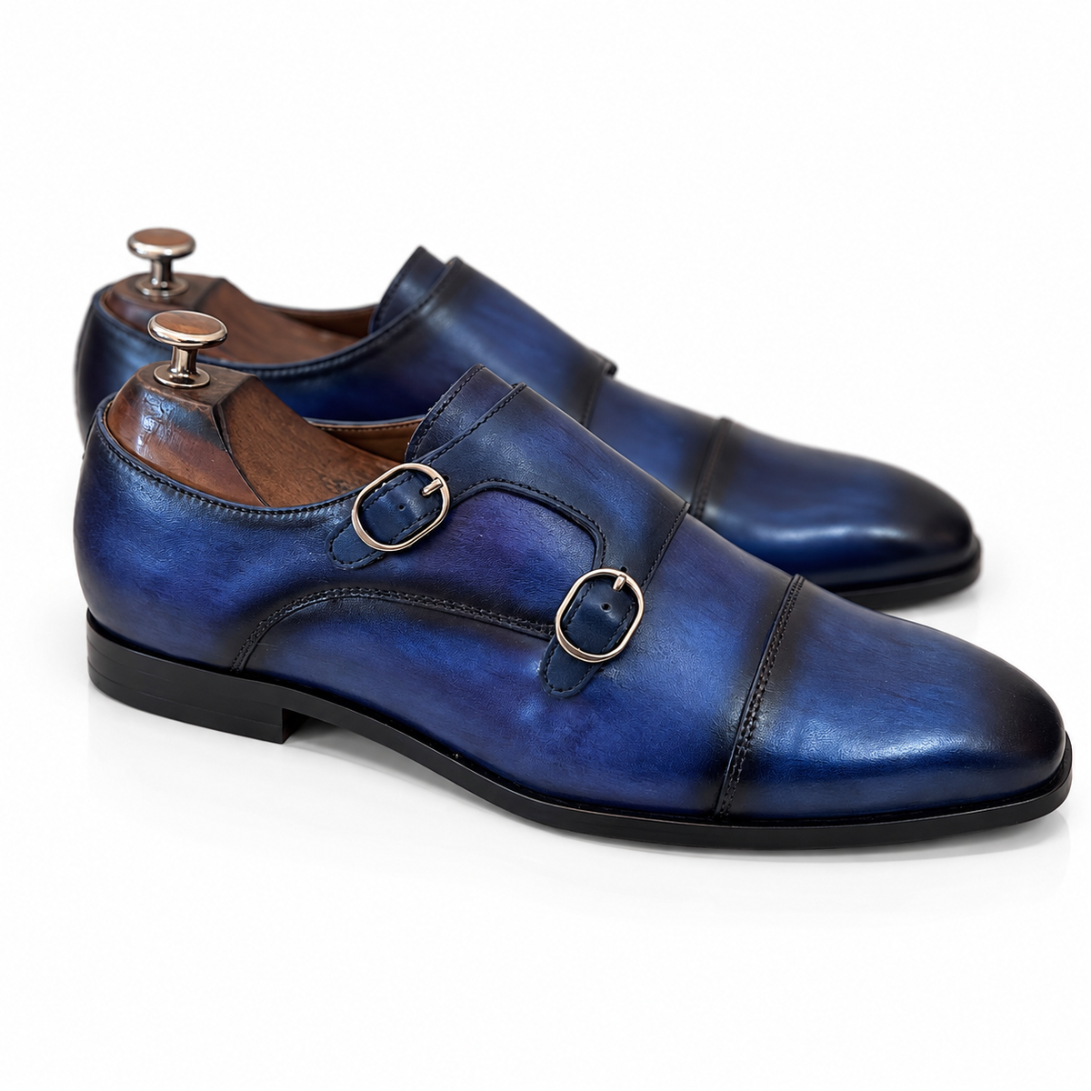 Cobalt Sovereign – Midnight Blue Hand-Patina Double Monk Strap