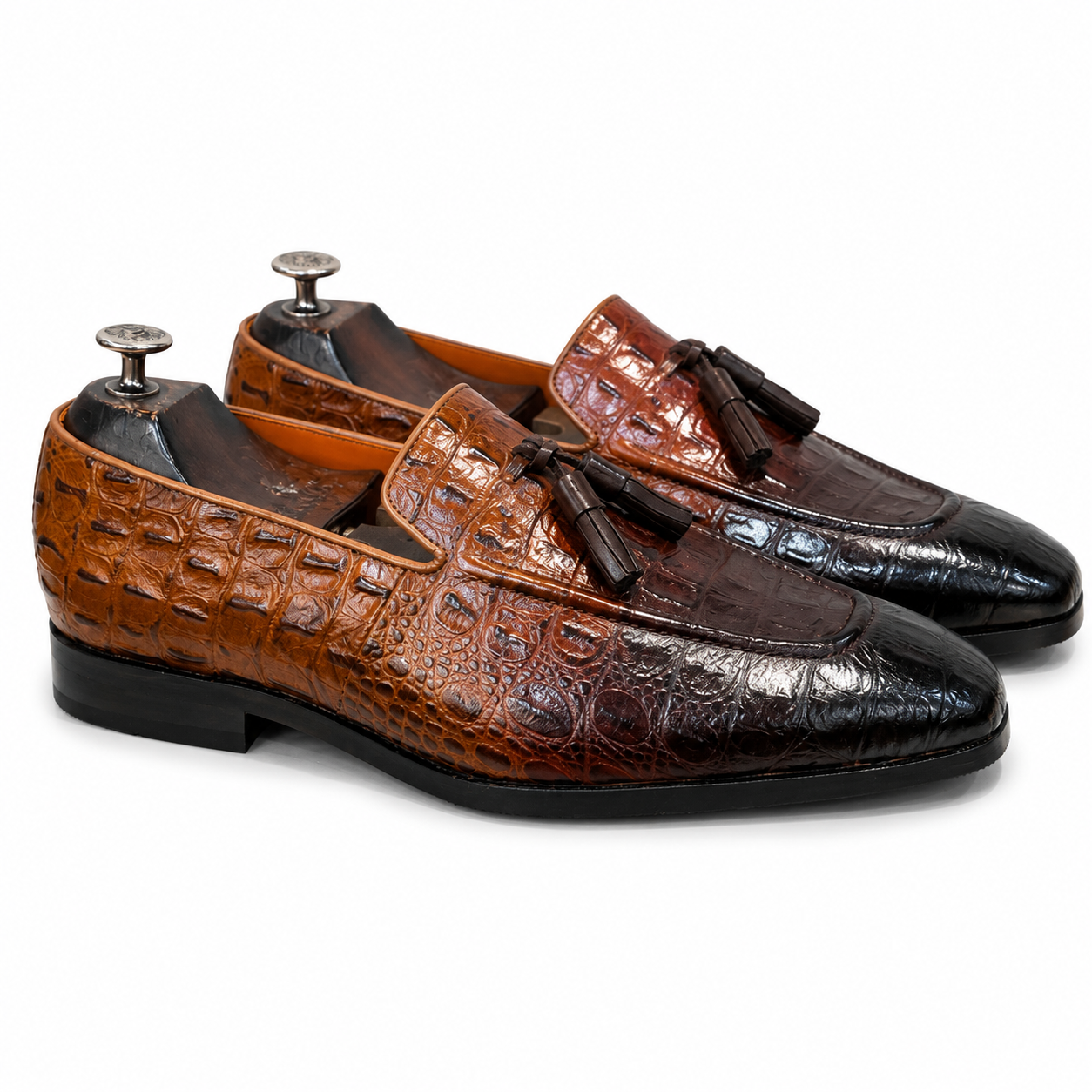 Cognac & Espresso Crocodile Embossed Leather Tassel Loafers