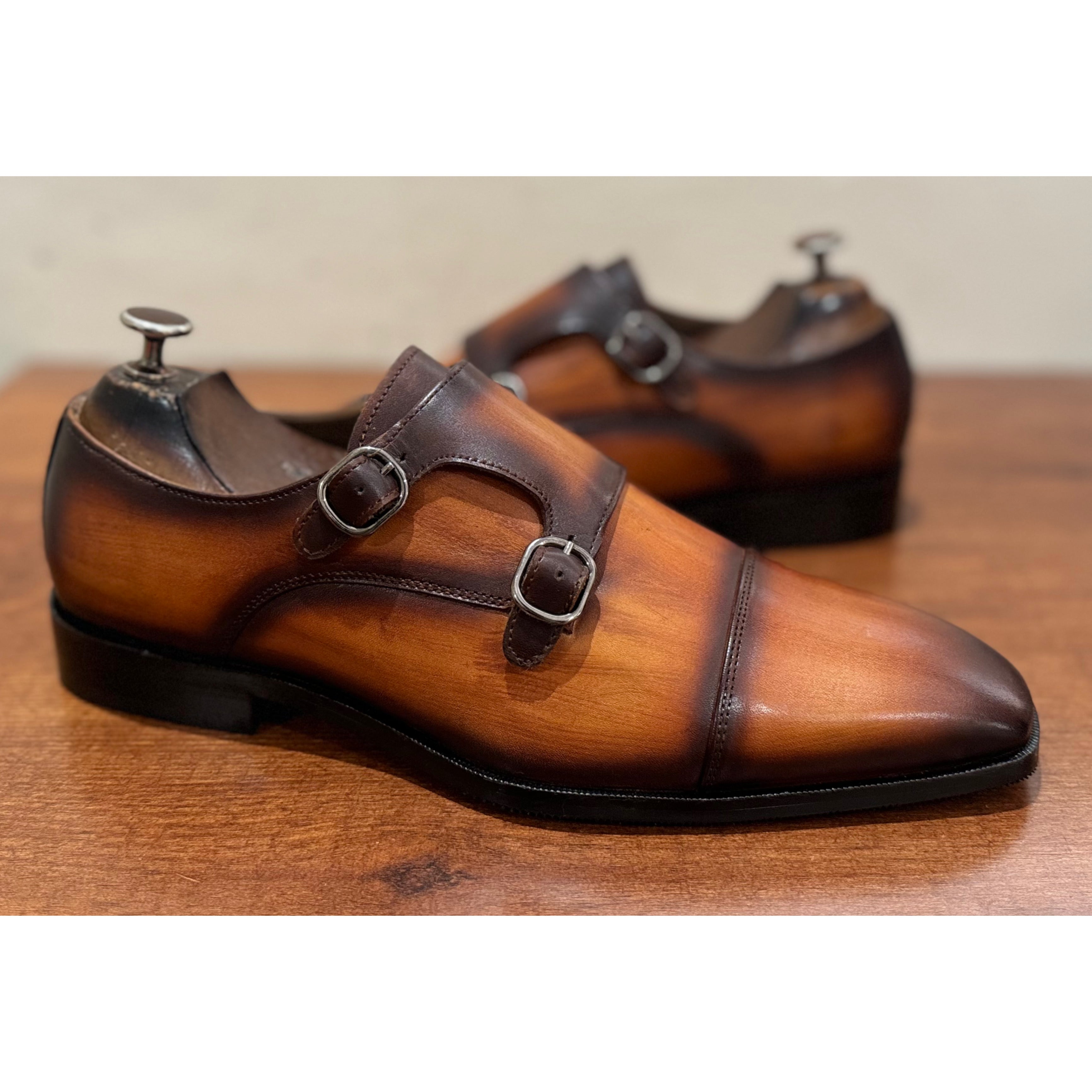 Tan Leather Double Monk Strap Hand Finished