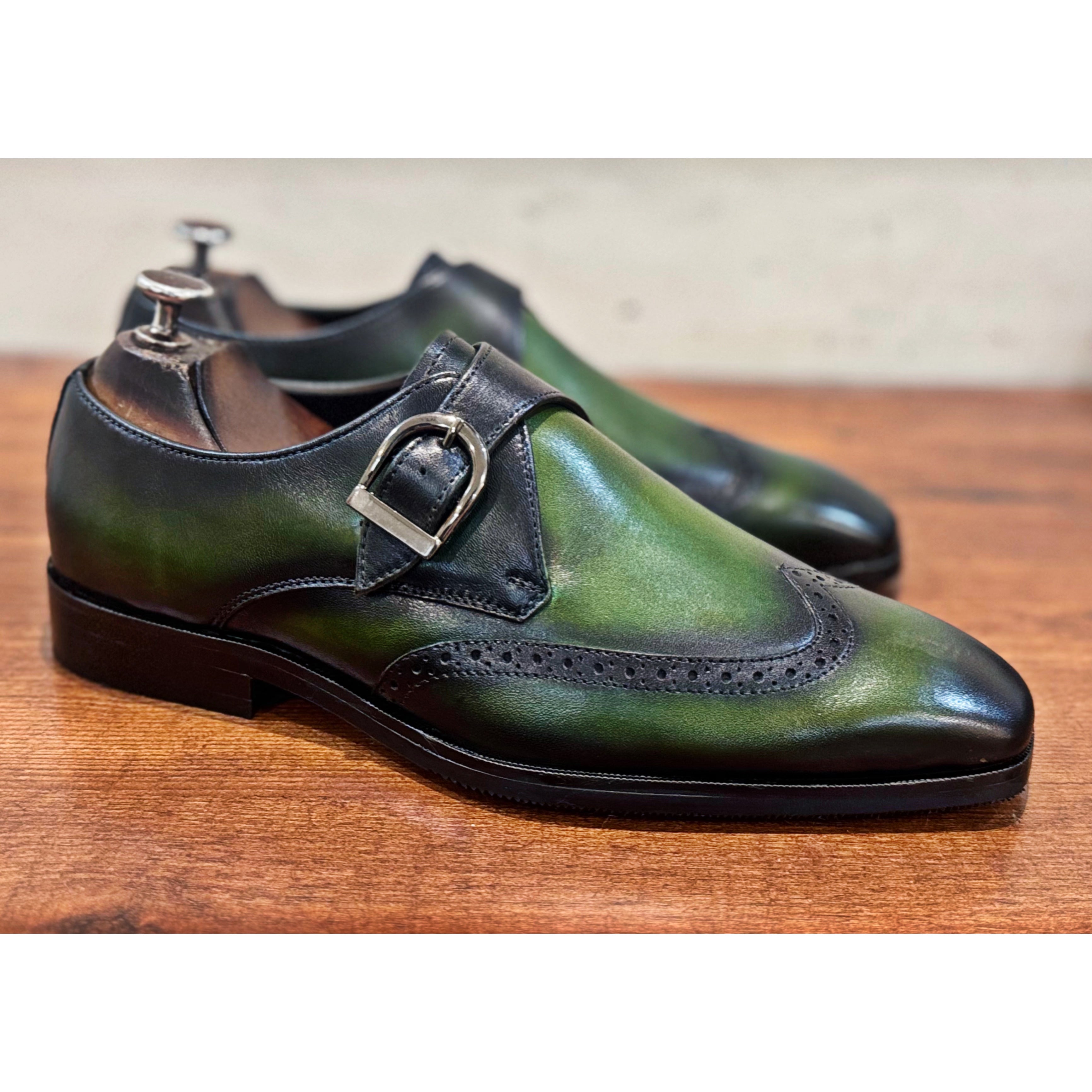 Green Single Monk Strap Hand Patina