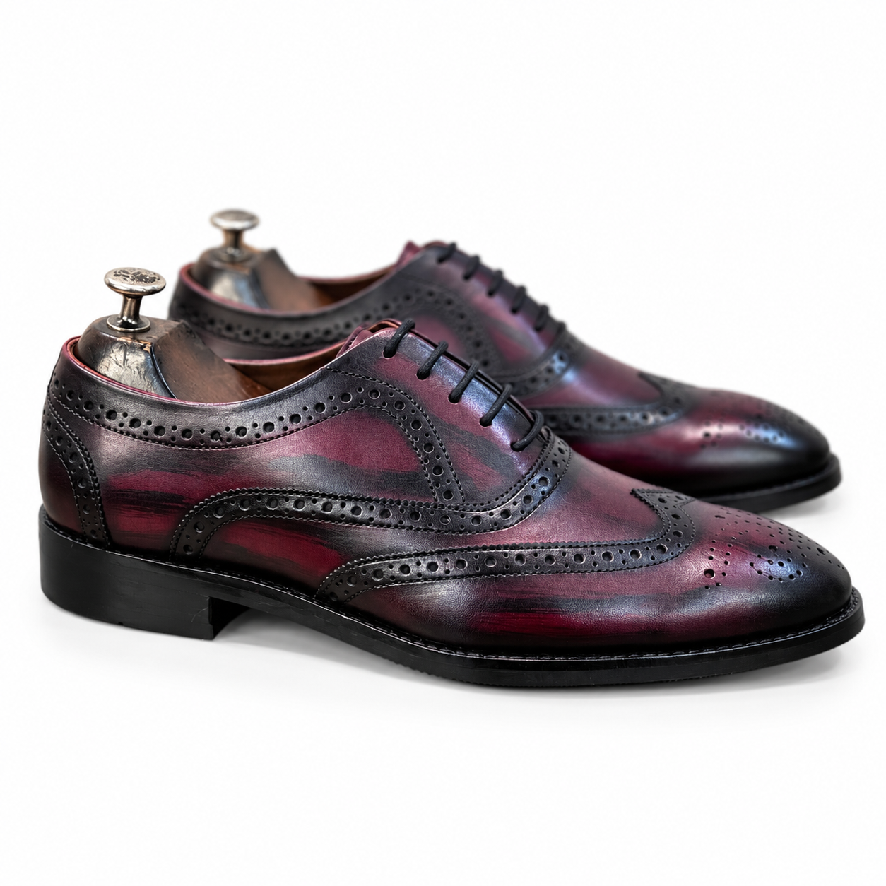 Burgundy Eclipse Hand-Patina Wingtip Oxford Shoes