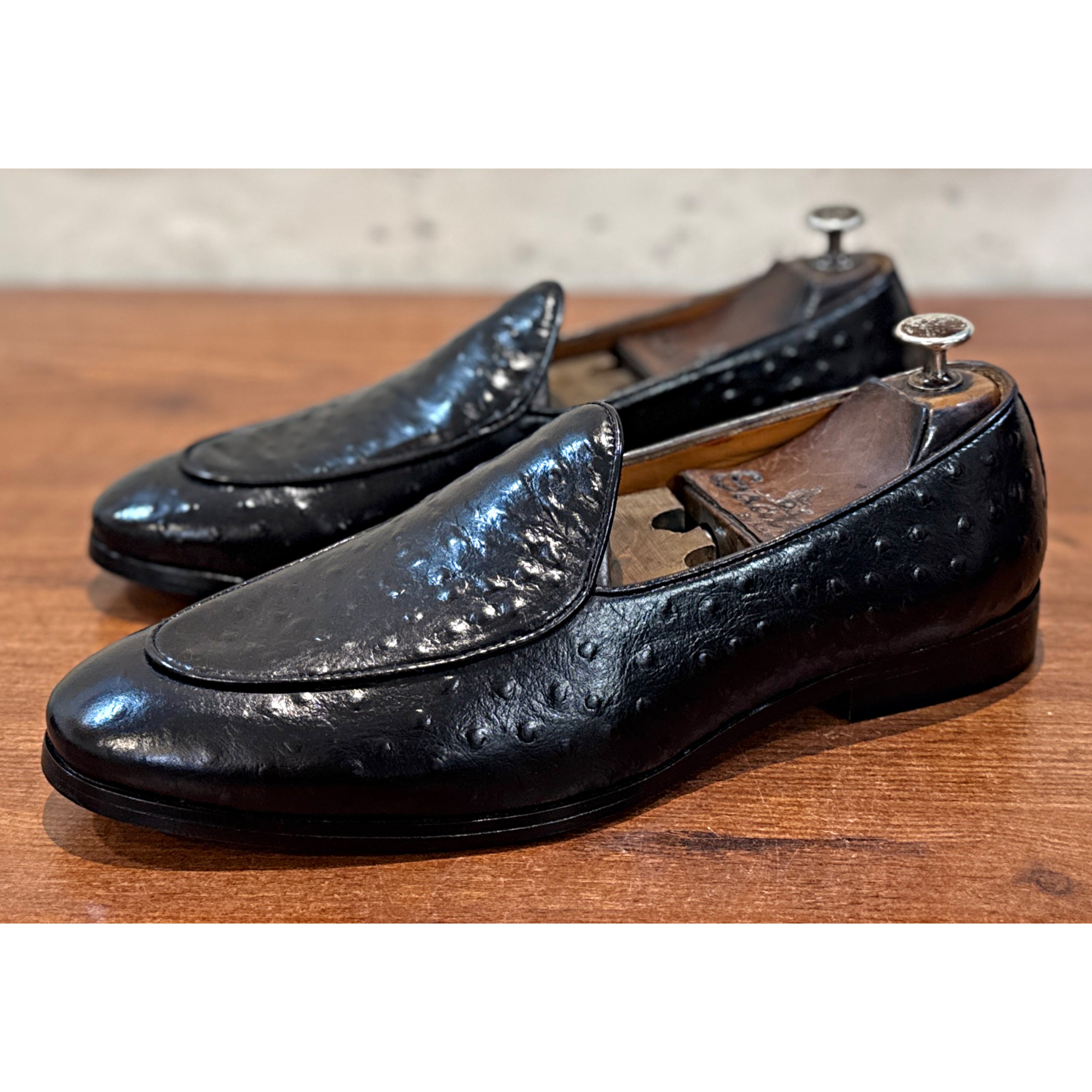 The Nero Ostrich Slipper – Black Exotic Leather Loafers