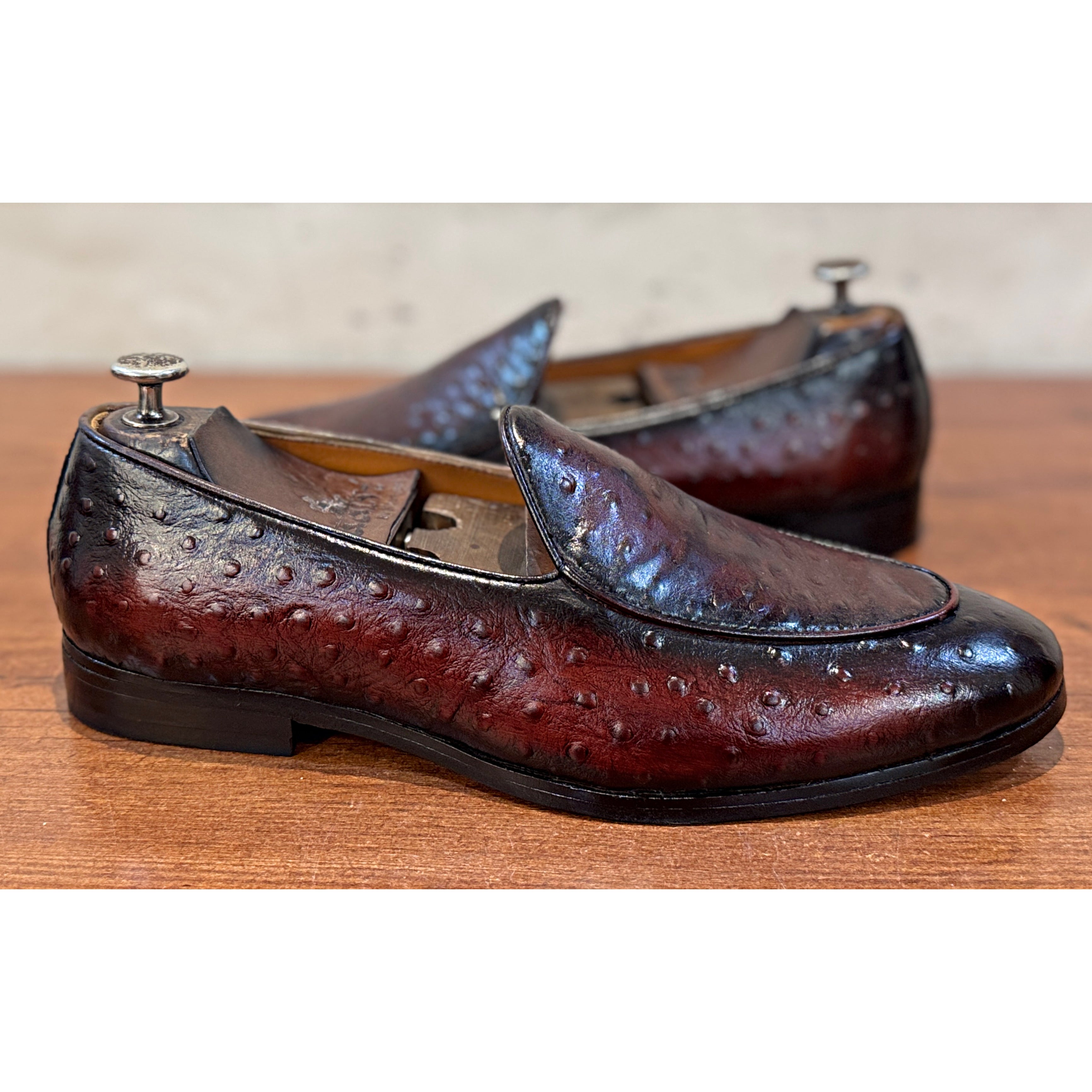 The Crimson Ostrich Loafer – Burgundy Exotic Leather Slip-On Shoes
