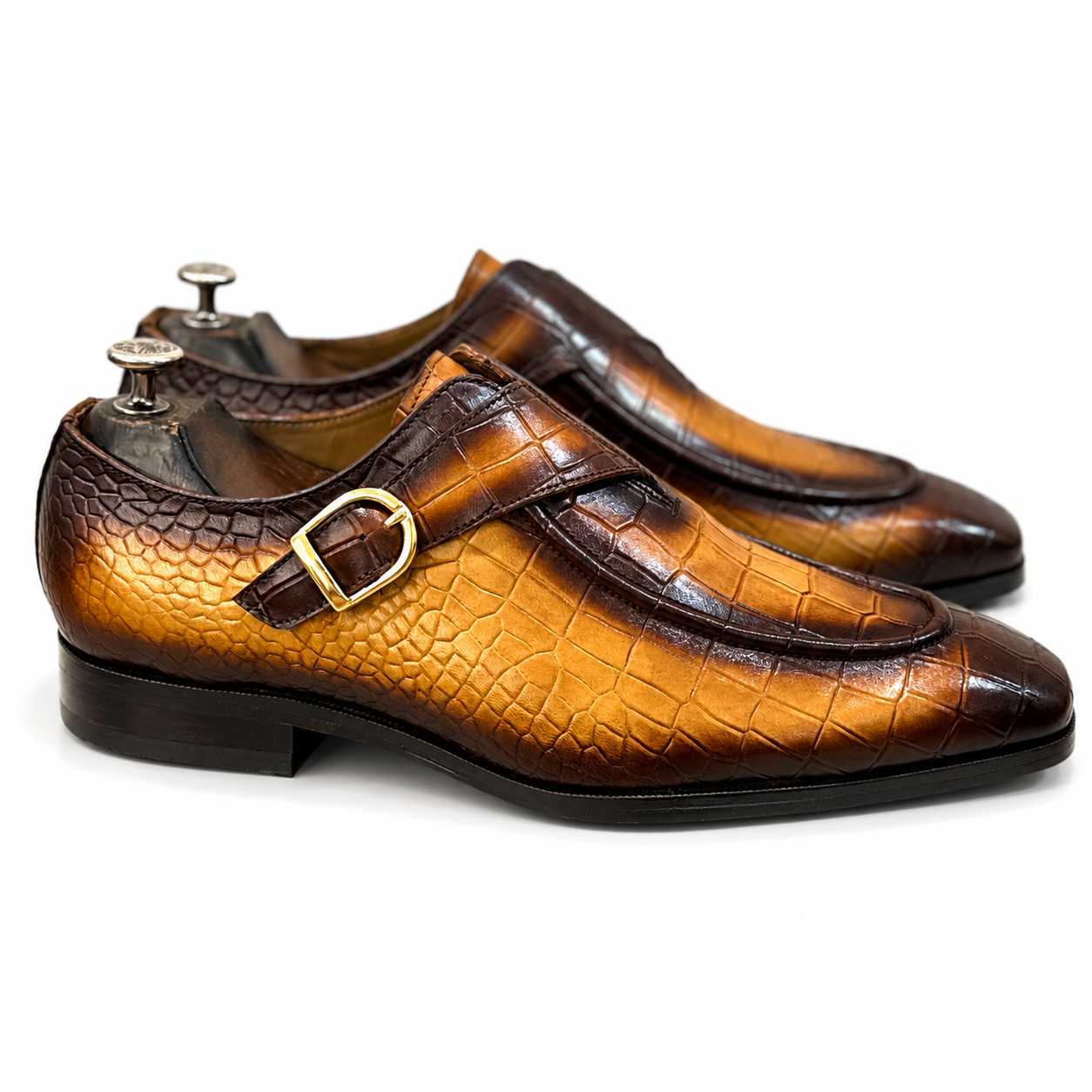 British Pointed Toe Single Monk – Burnished Bronze Croc