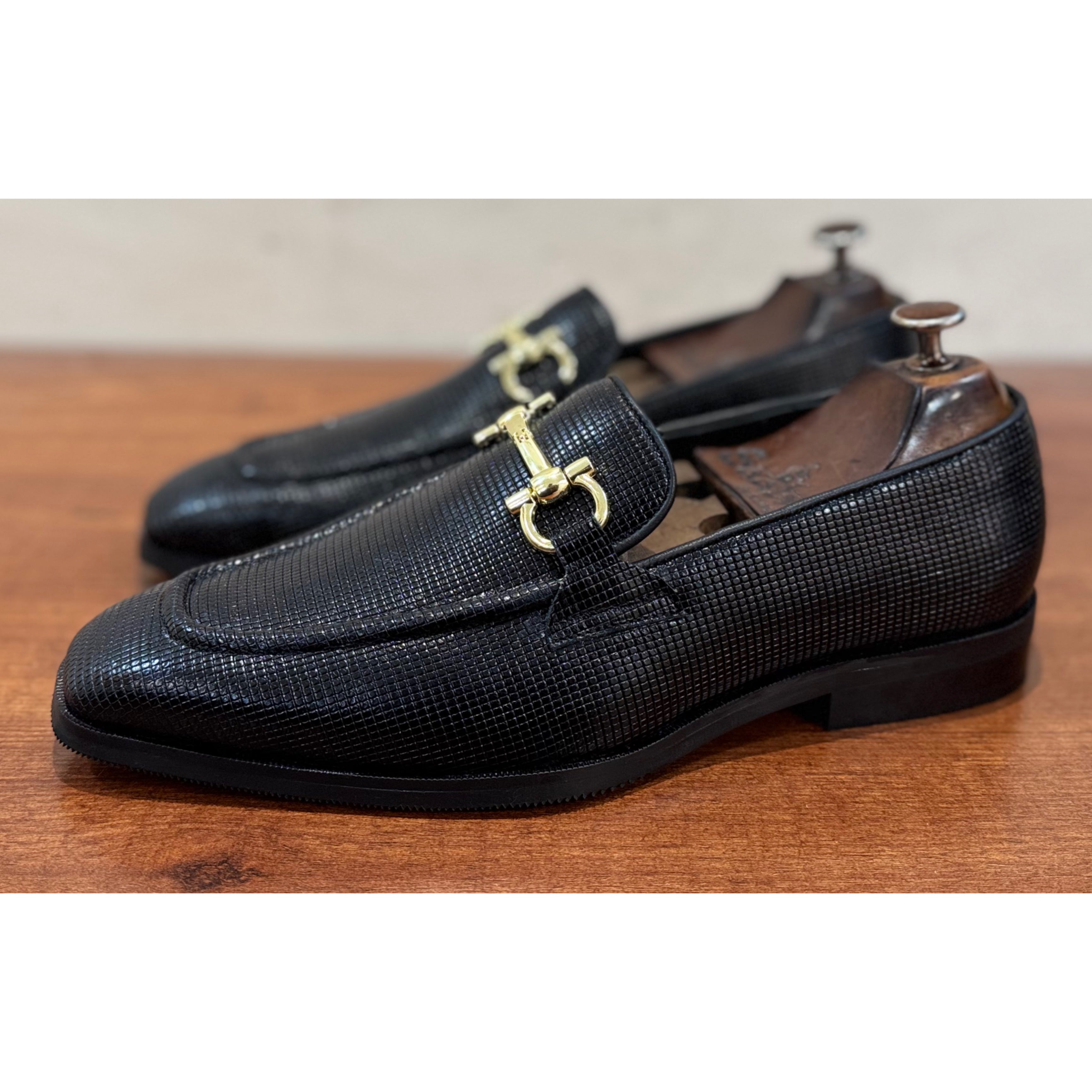 Black Loafers With Golden Buckle