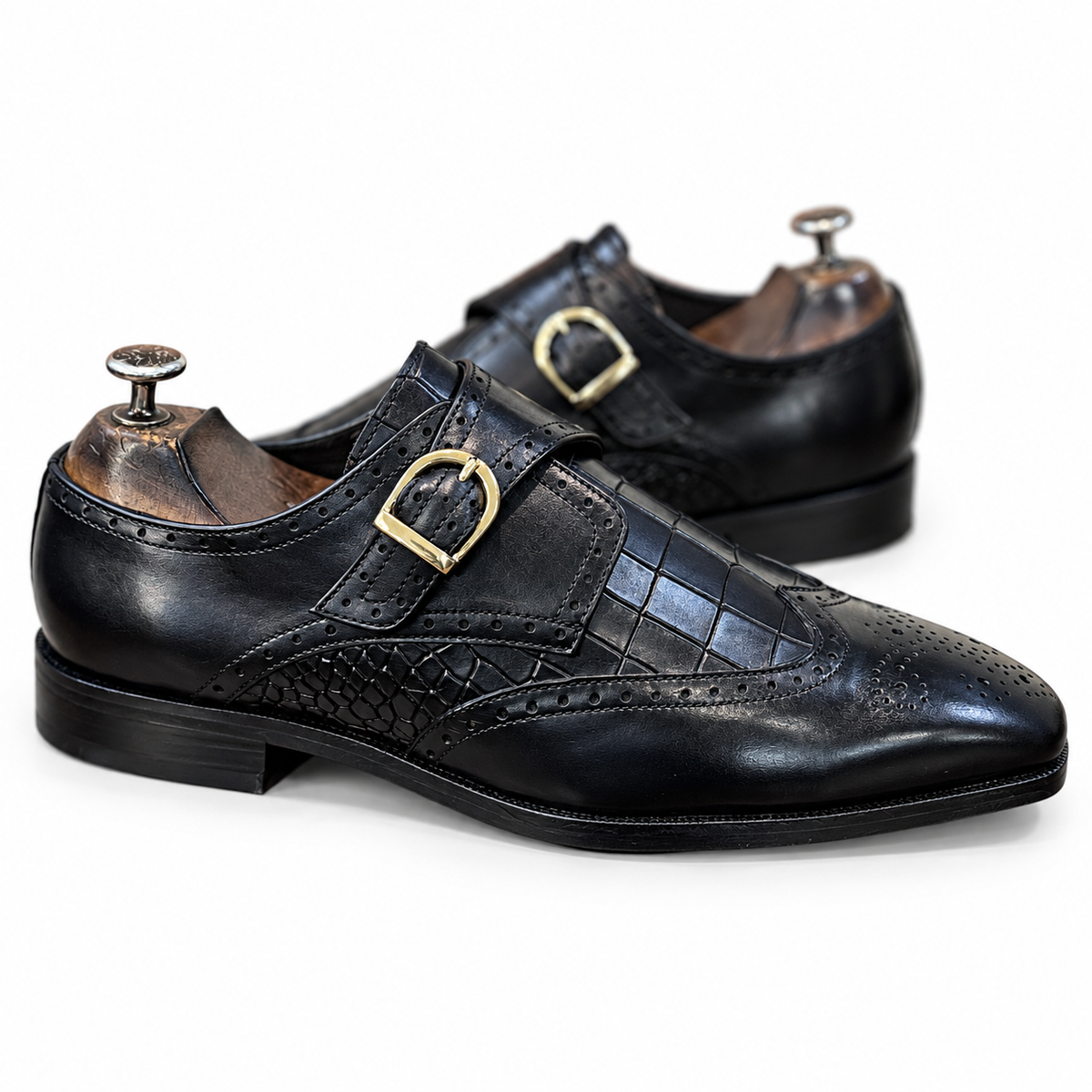 Noir Croco Regent Single Monk Brogue Shoes