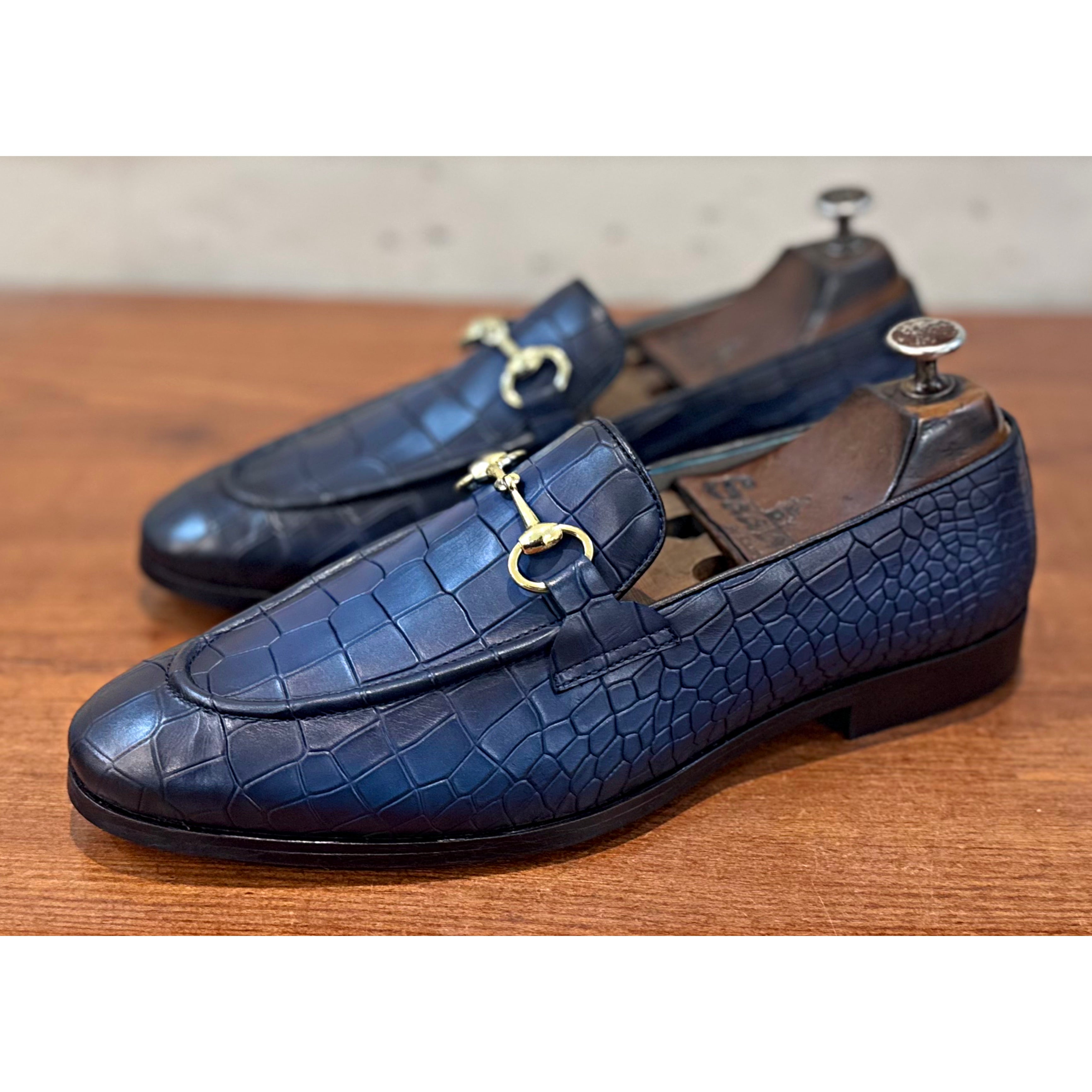 Blue Croco Horsebit Loafers