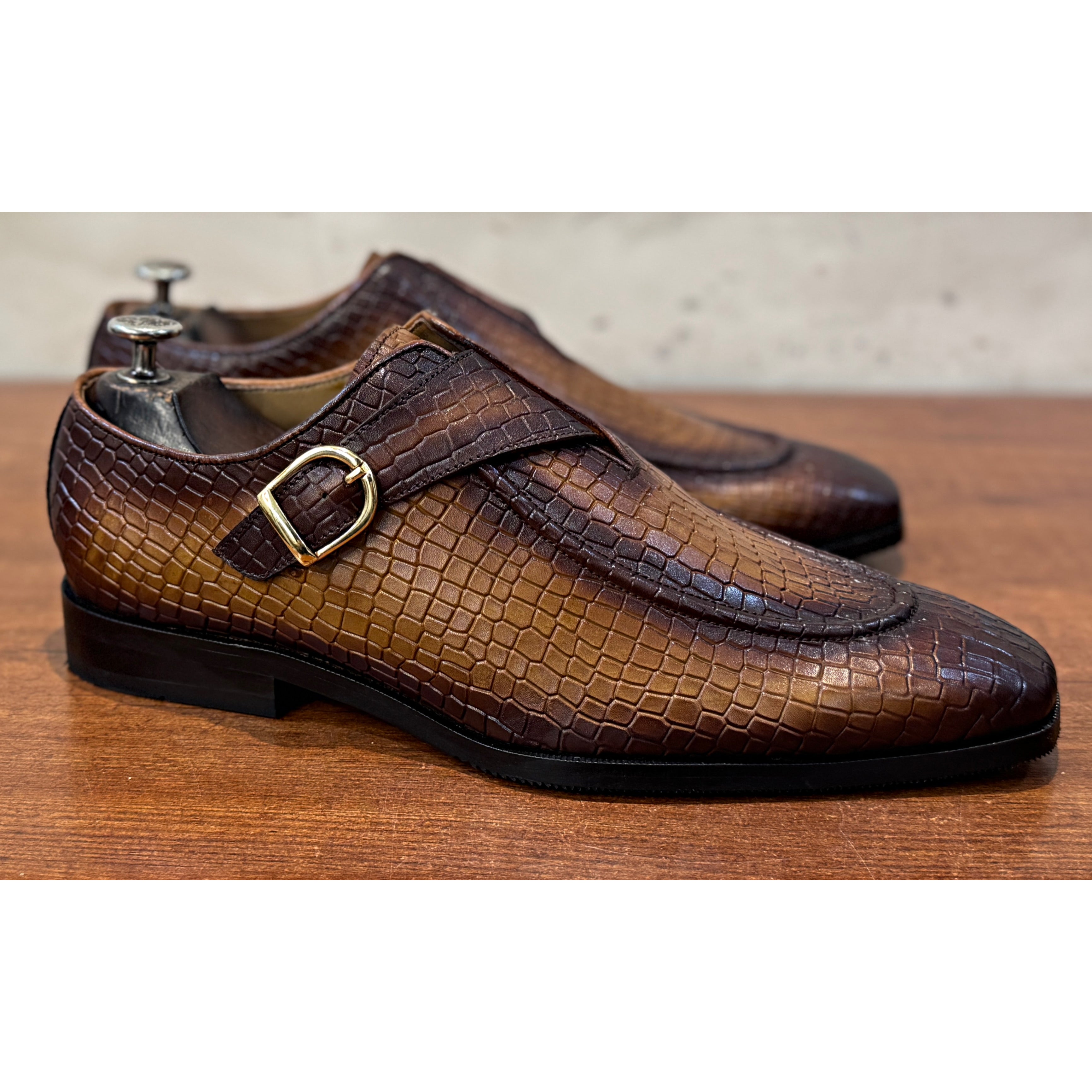 Monaco Croc Monk Strap Shoes Tan