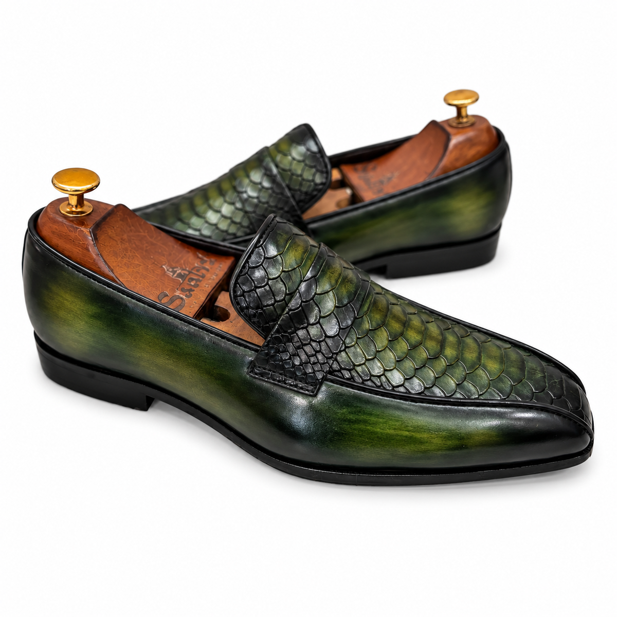 Verde Obsidian Croco-Texture Loafers