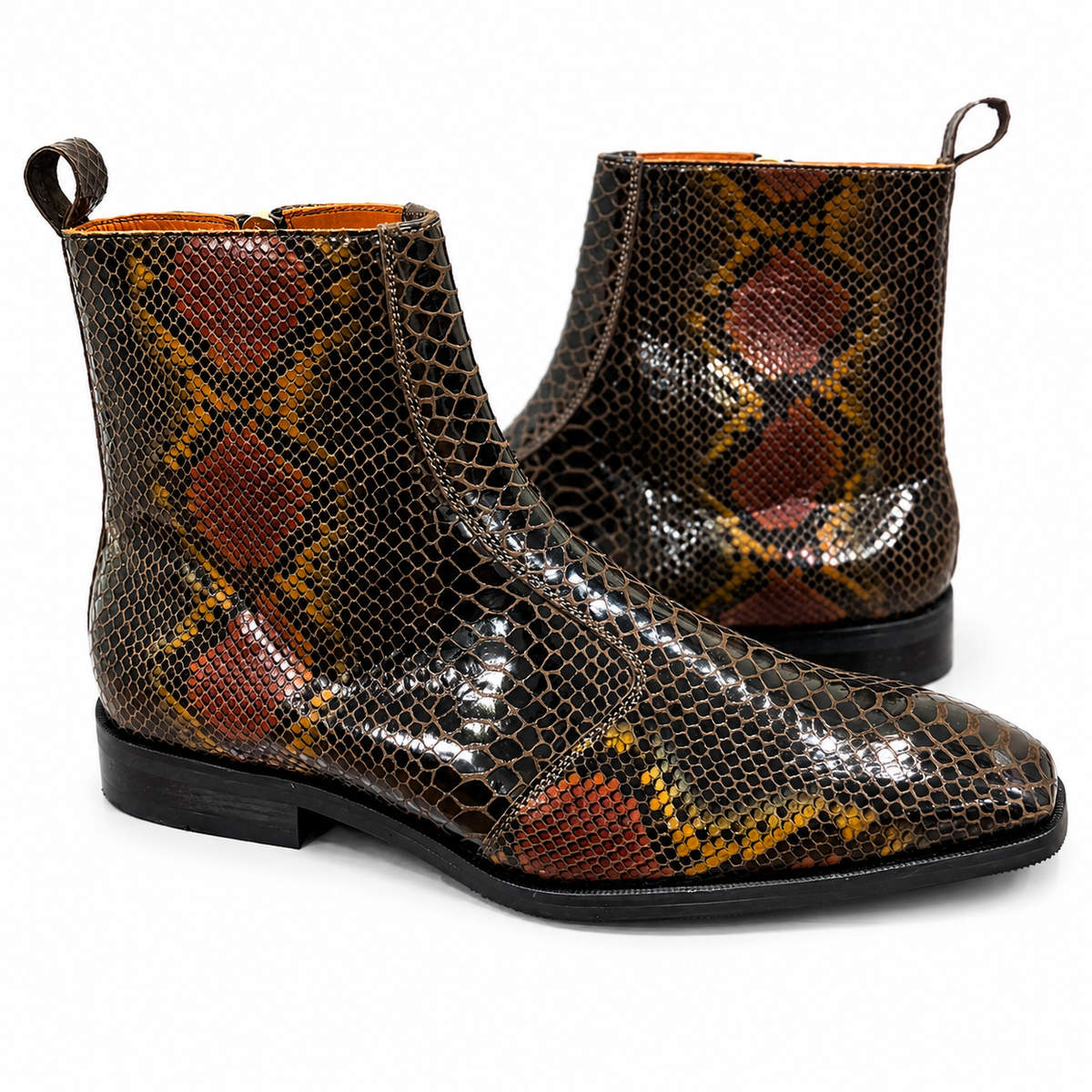 Cognac Serpentine Foil Leather Ankle Boots