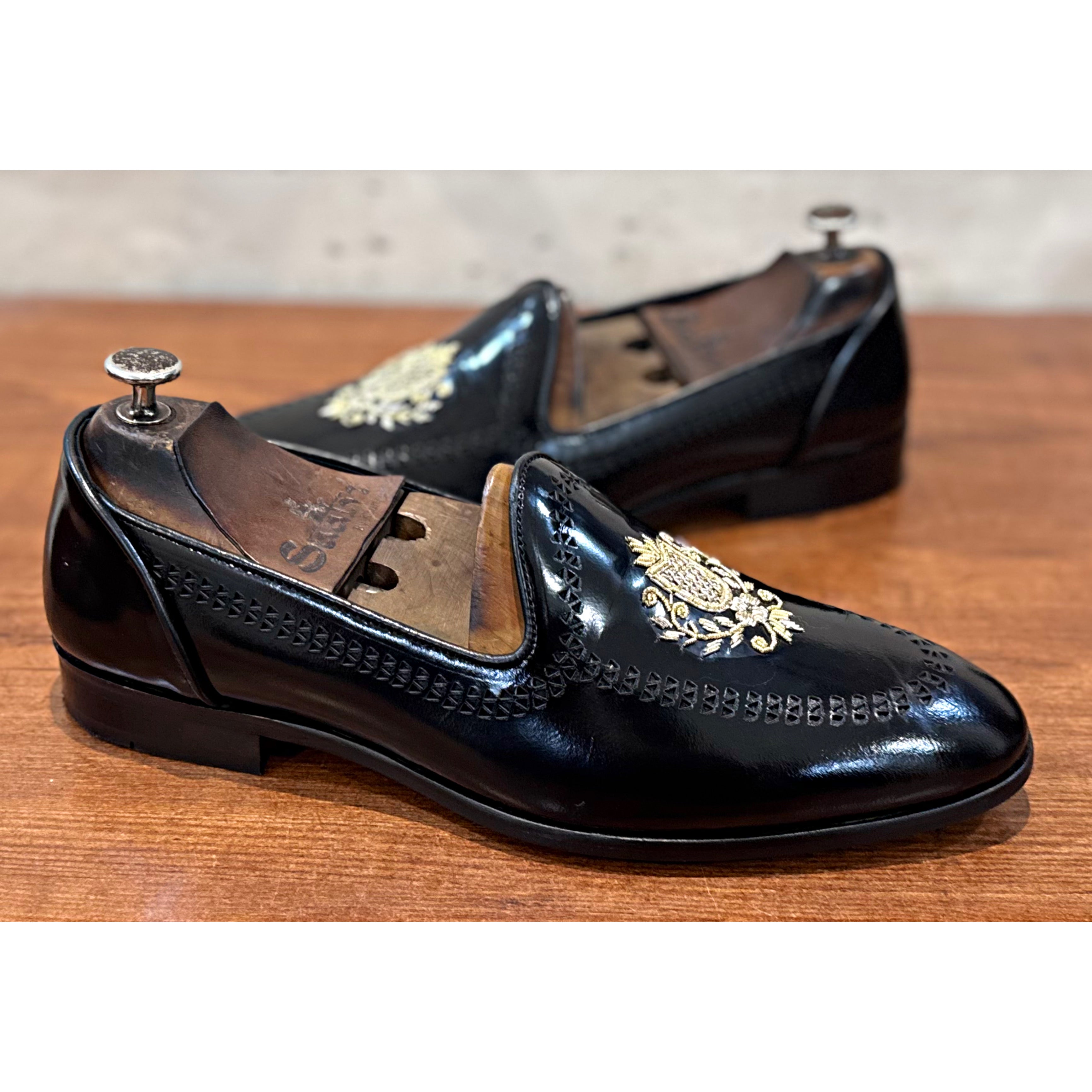 Black Calf Slipons With Crest