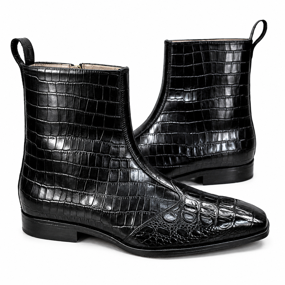 Obsidian Croc Zip Boots – Luxury Black Embossed Ankle Boots