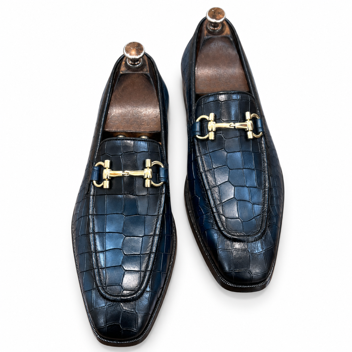 Aurelio Navy Croc Embossed Horsebit Loafers