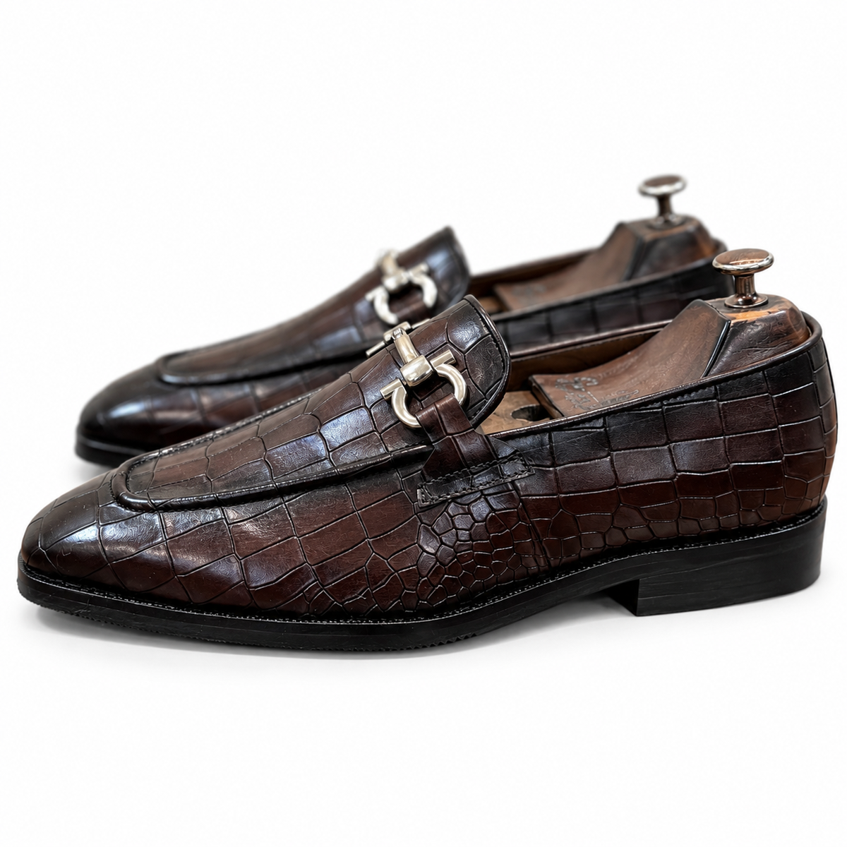 Dark Brown Croc Horsebit Loafers