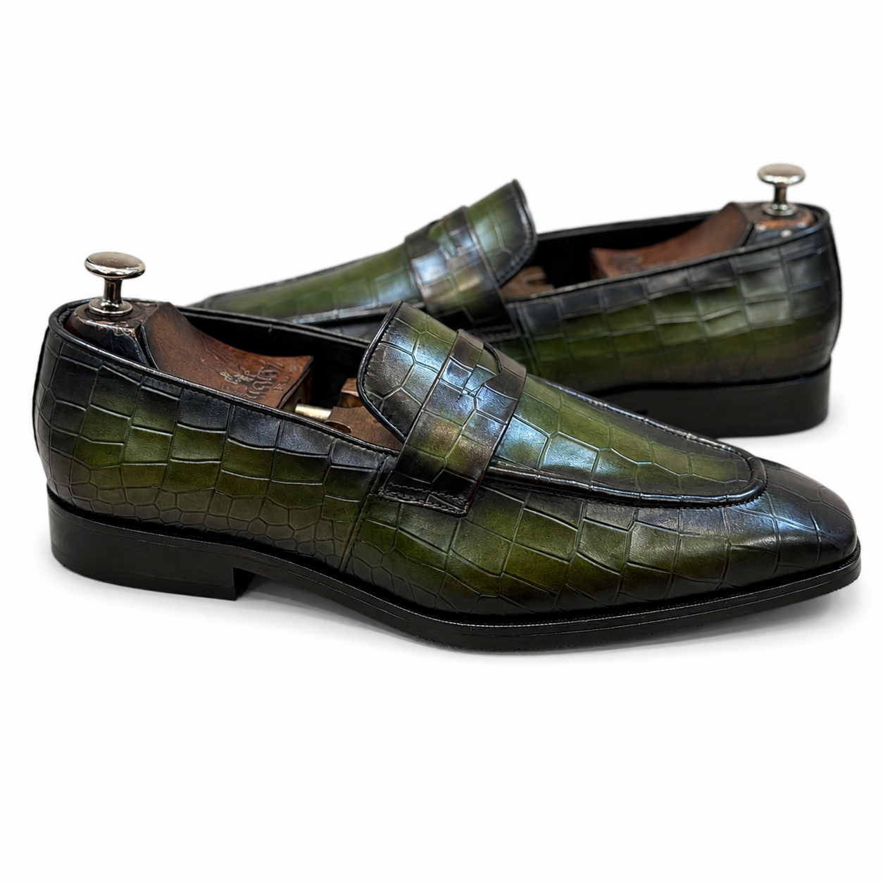 Green Hand Patina Penny Loafers