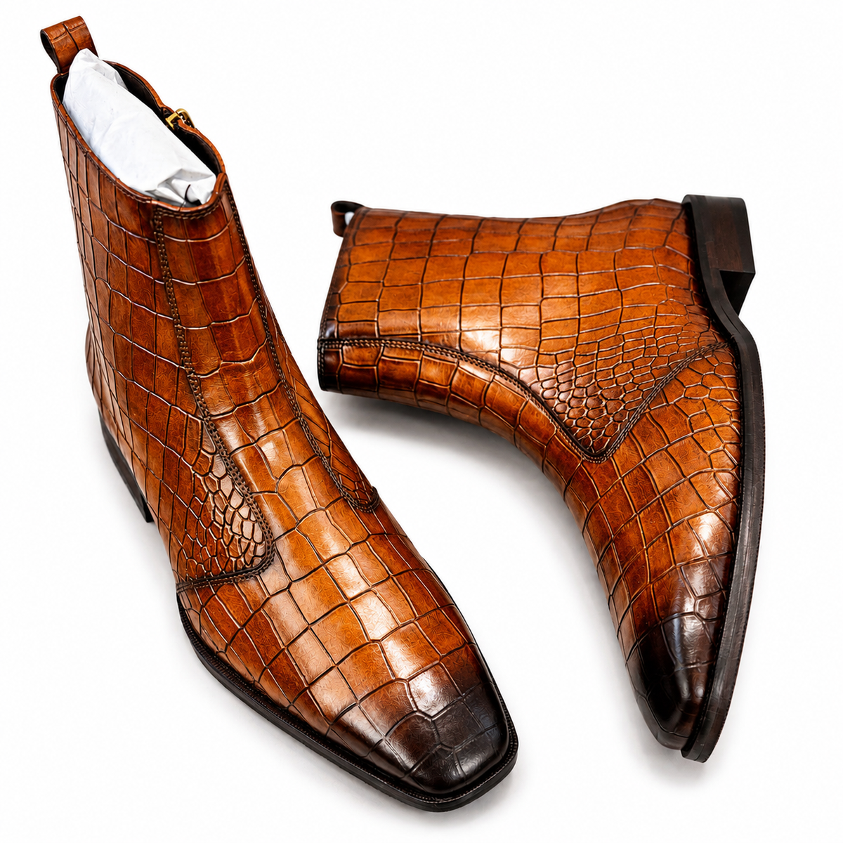 Cognac Croco Embossed Leather Ankle Boots