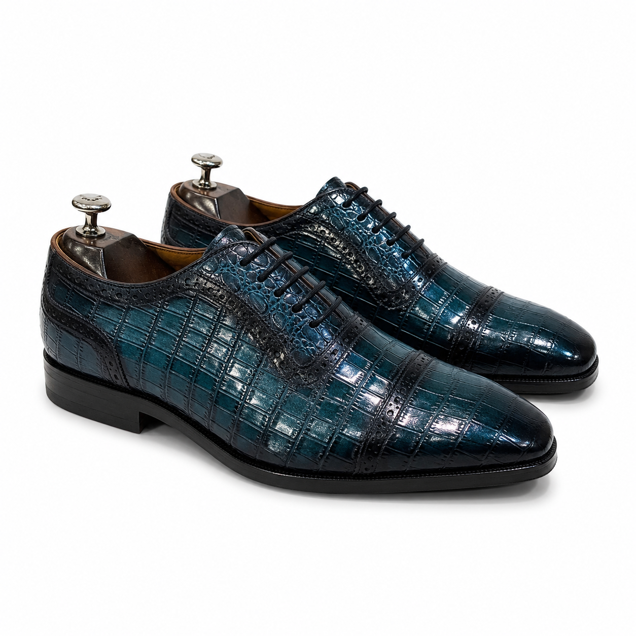 Royal Teal Croc-Embossed Brogue Oxford Shoes