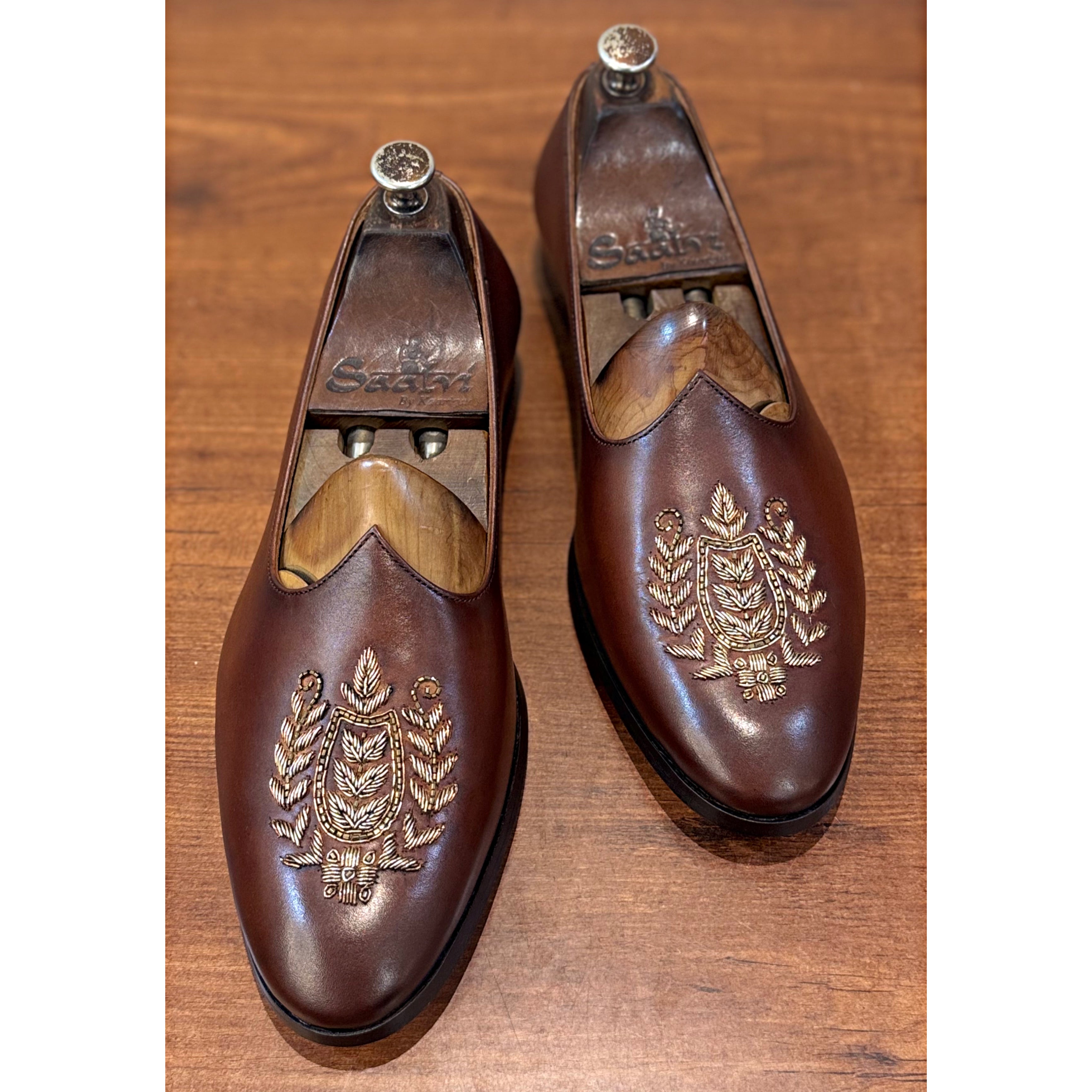 Brown Leather Leaf Zardosi Jalsa