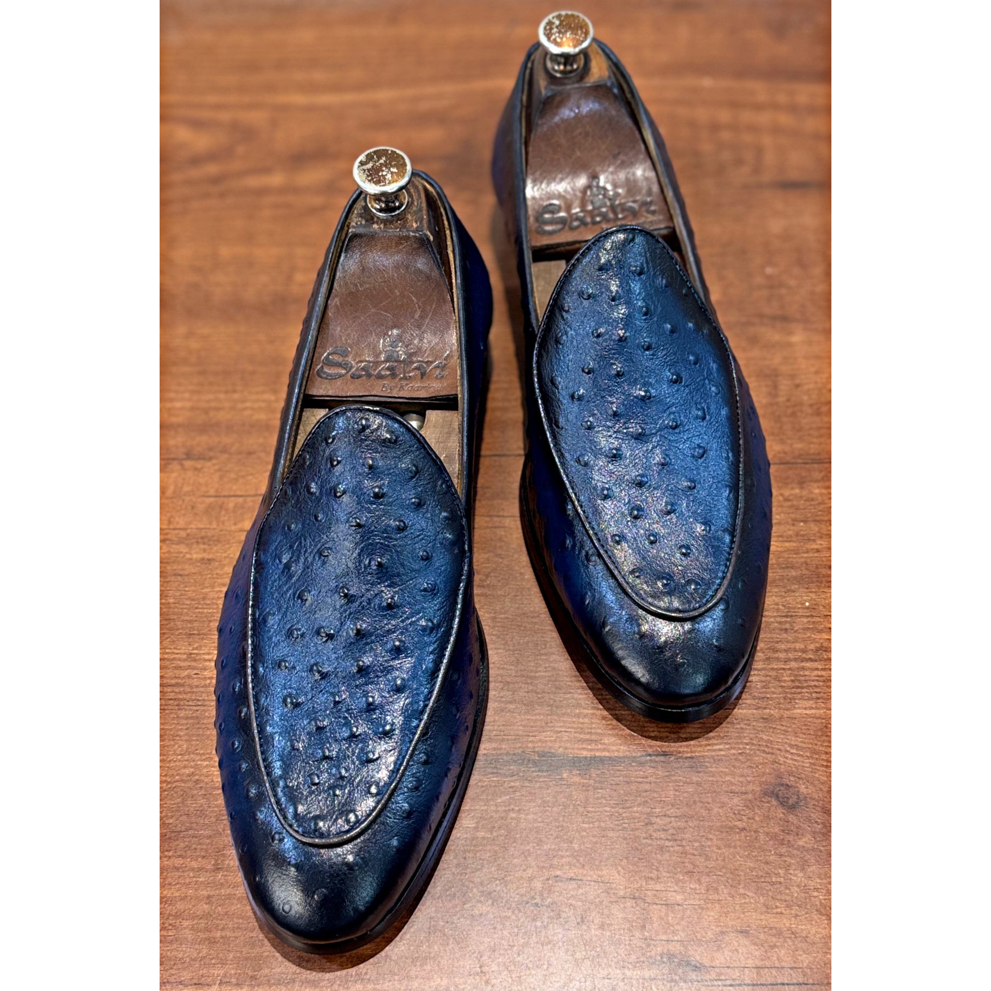 Belgian Loafers Ostrich Hand Patina Blue