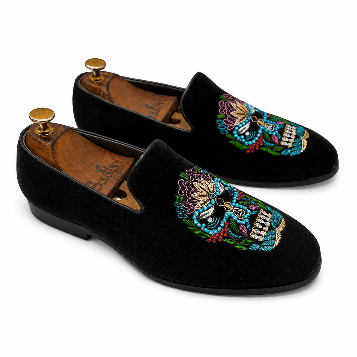 Noir Calavera Zardosi Velvet Slip-Ons