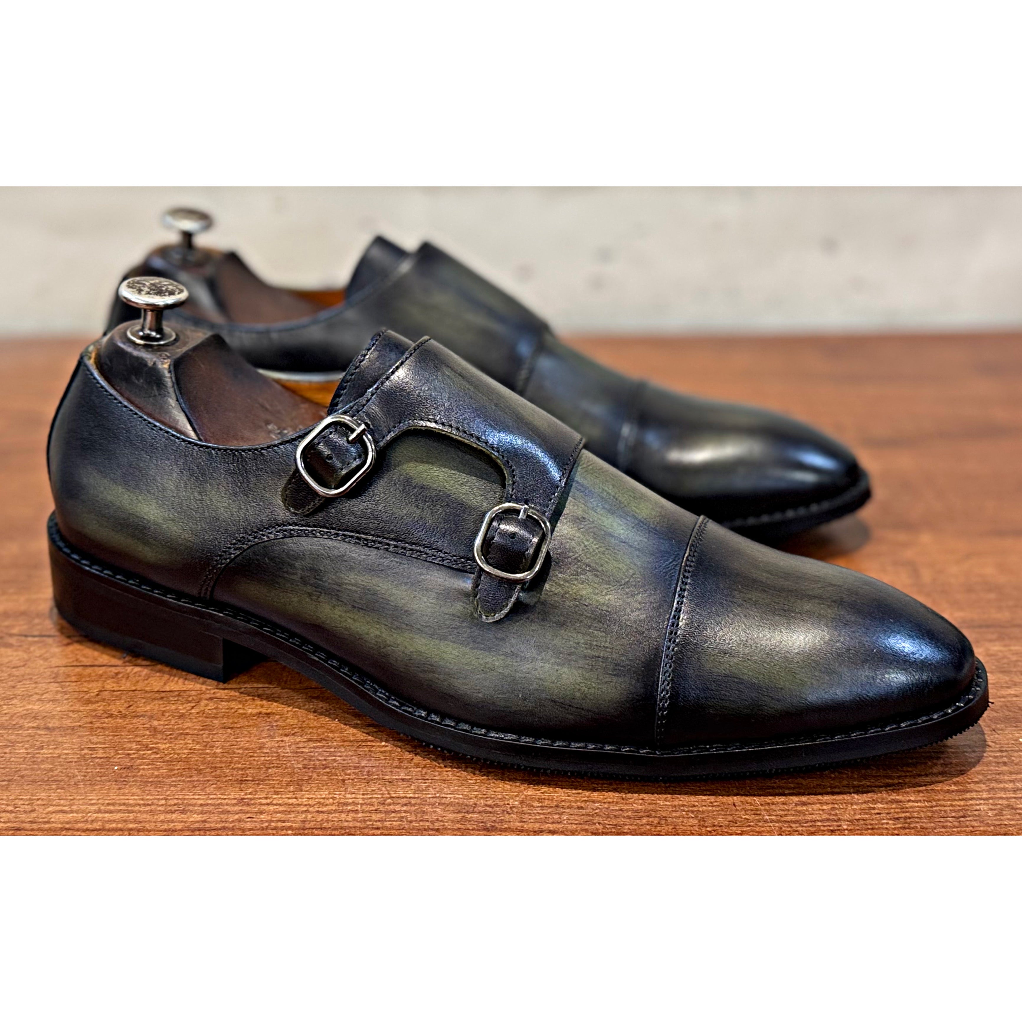 Green Leather Toe Cap Double Monk Straps