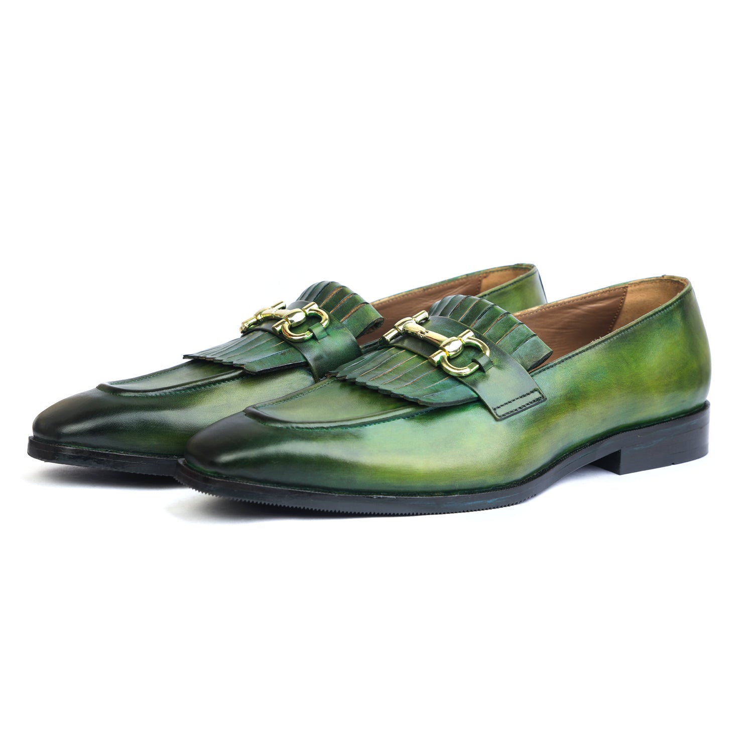 Green Hand Patina Loafers Fringes