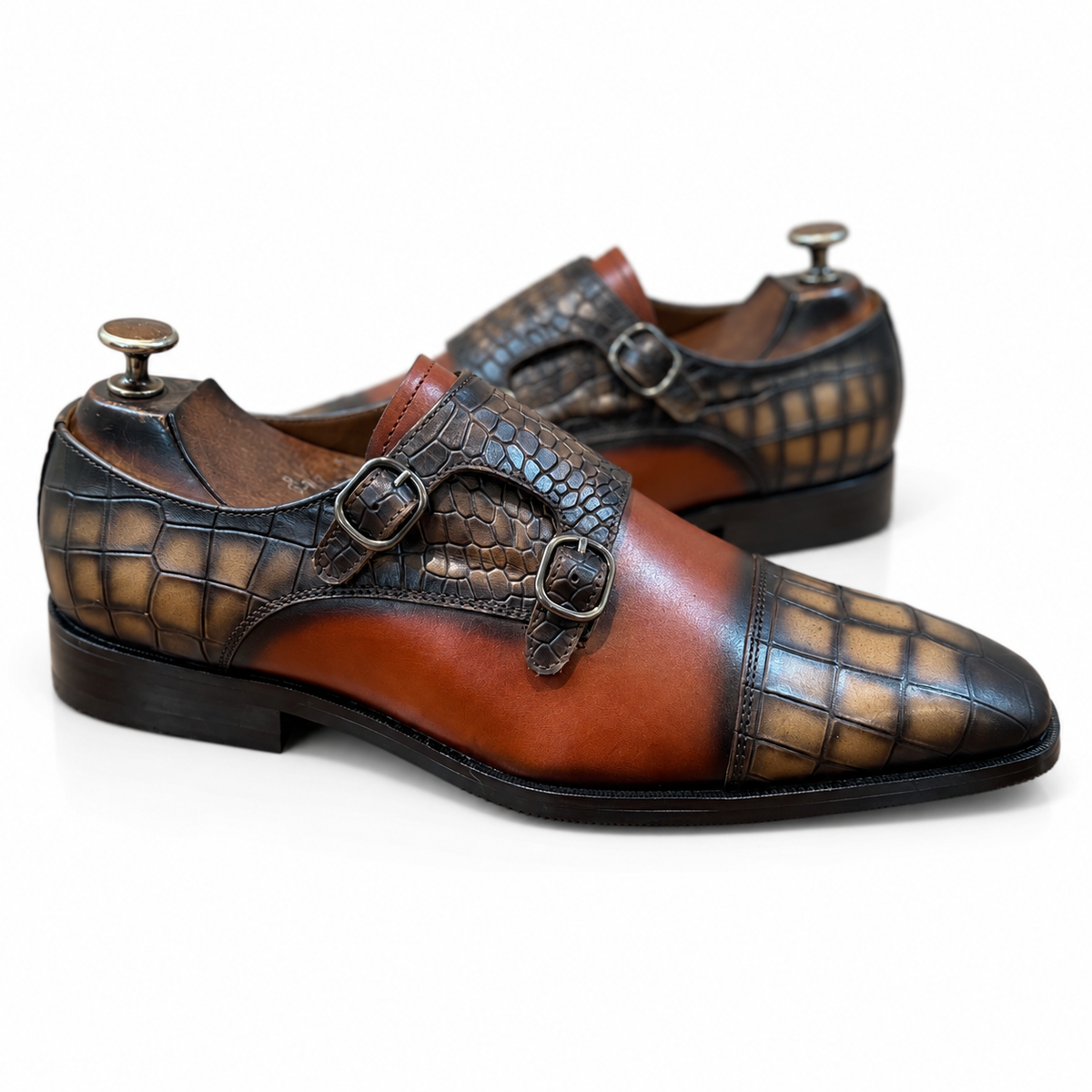 Vantoro – Cognac Brown & Charcoal Double Monk Strap