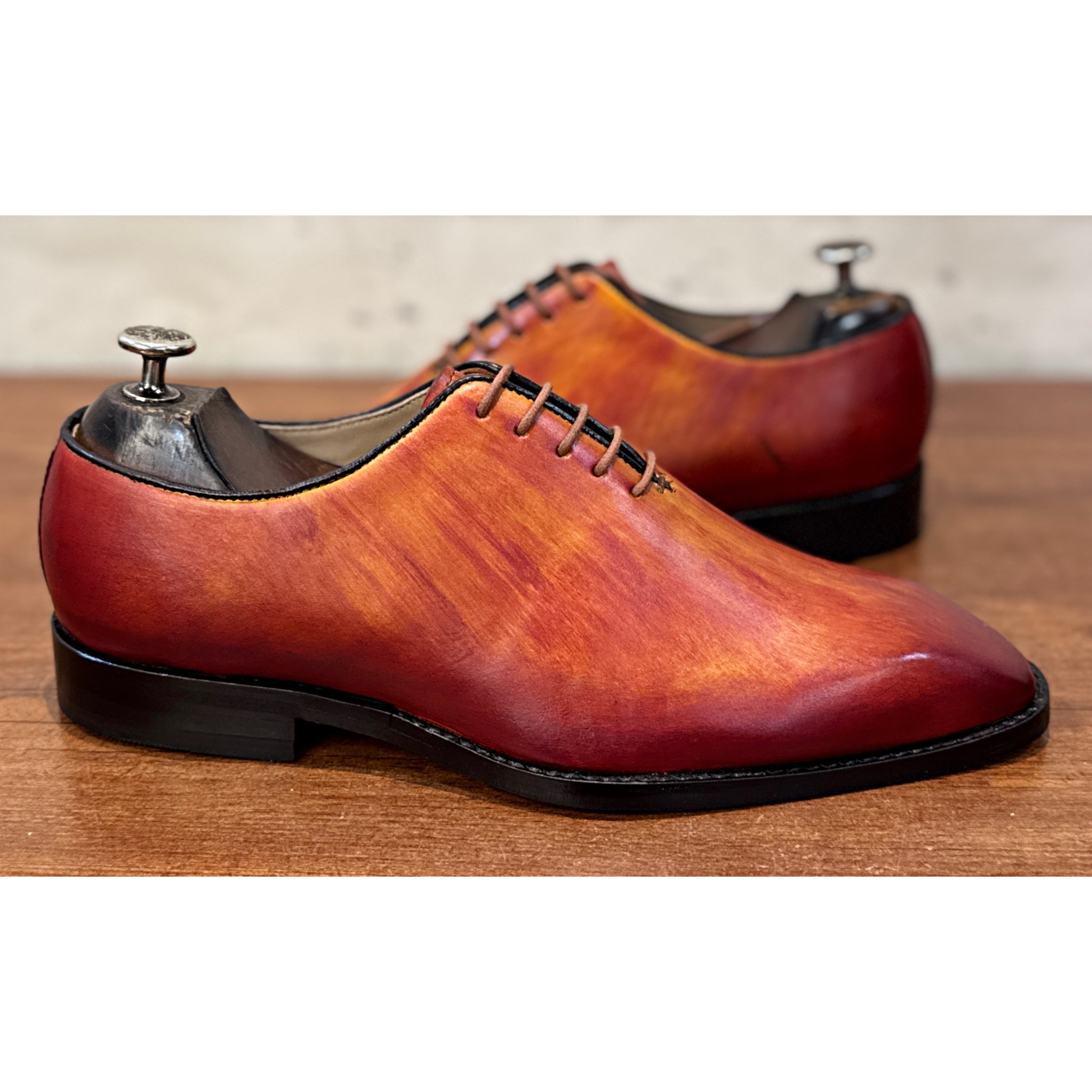 Burnished Orange Patina Leather Oxford Shoes – Luxury Hand-Painted Formal Dress Shoes