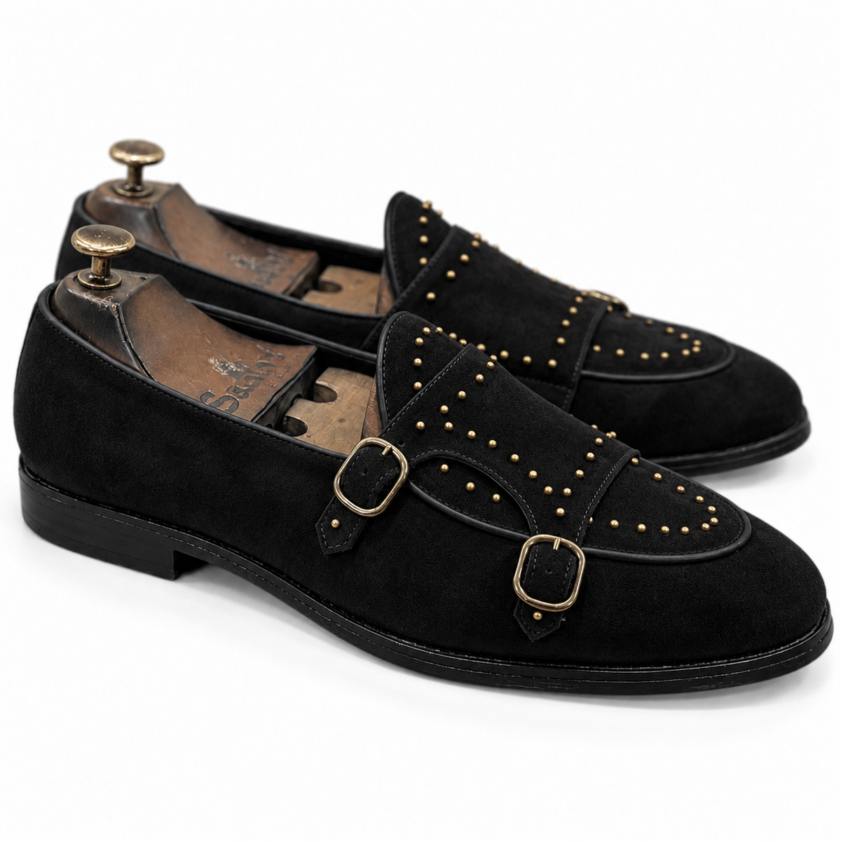 Noir Royale Studded Double Monk Straps