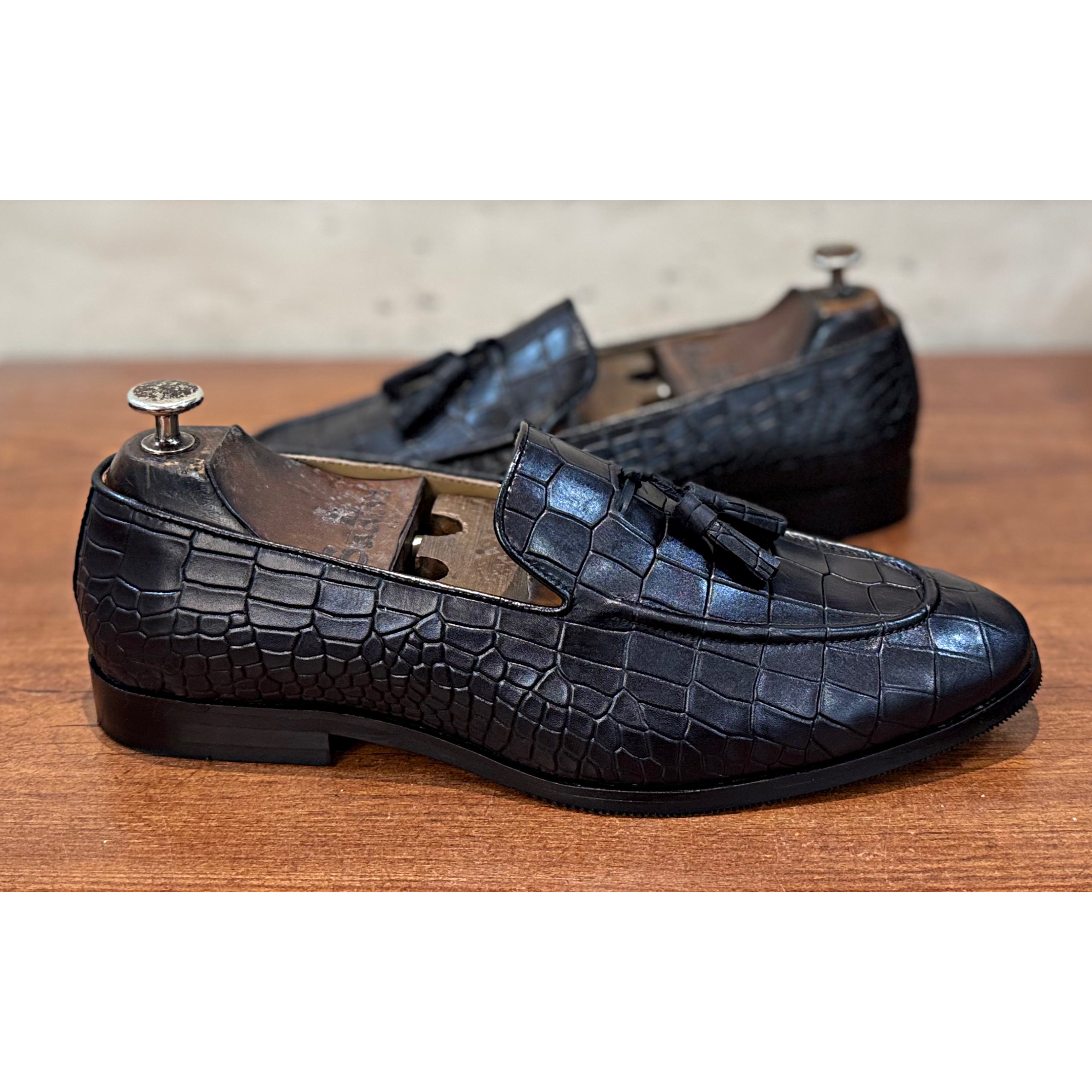 Black Crocodile Loafers With Tassels