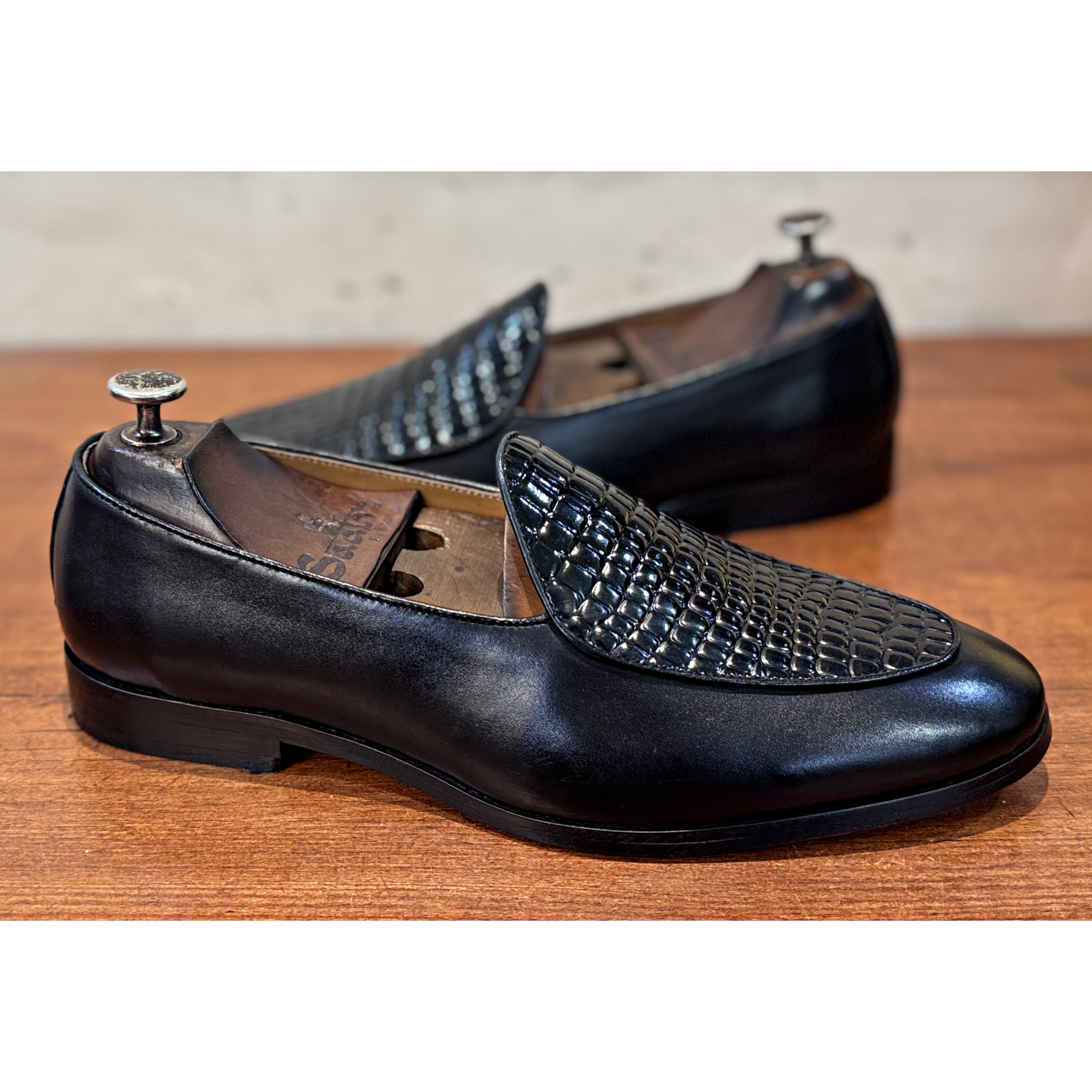 Midnight Croc Belgian Loafers – Luxury Black Embossed Slip-Ons
