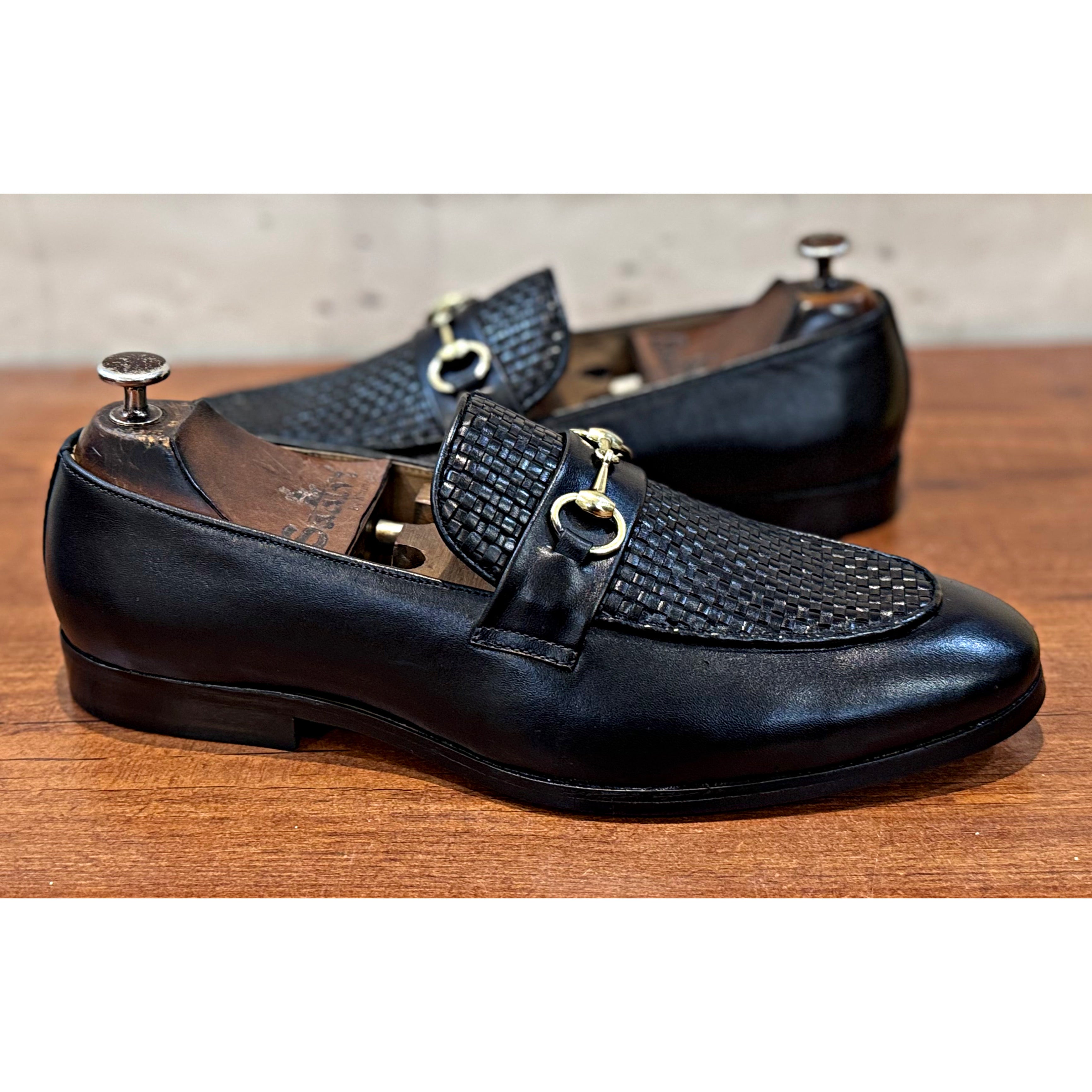 Black Horsebit Loafers With Weave Leather