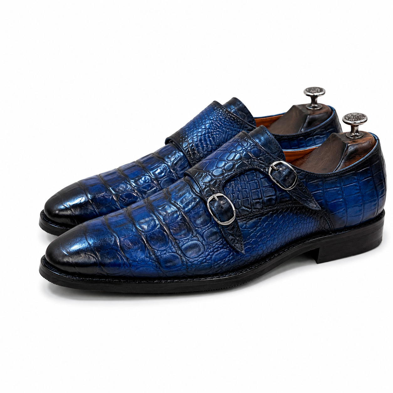 Cobalt Croc Double Monk Strap Shoes