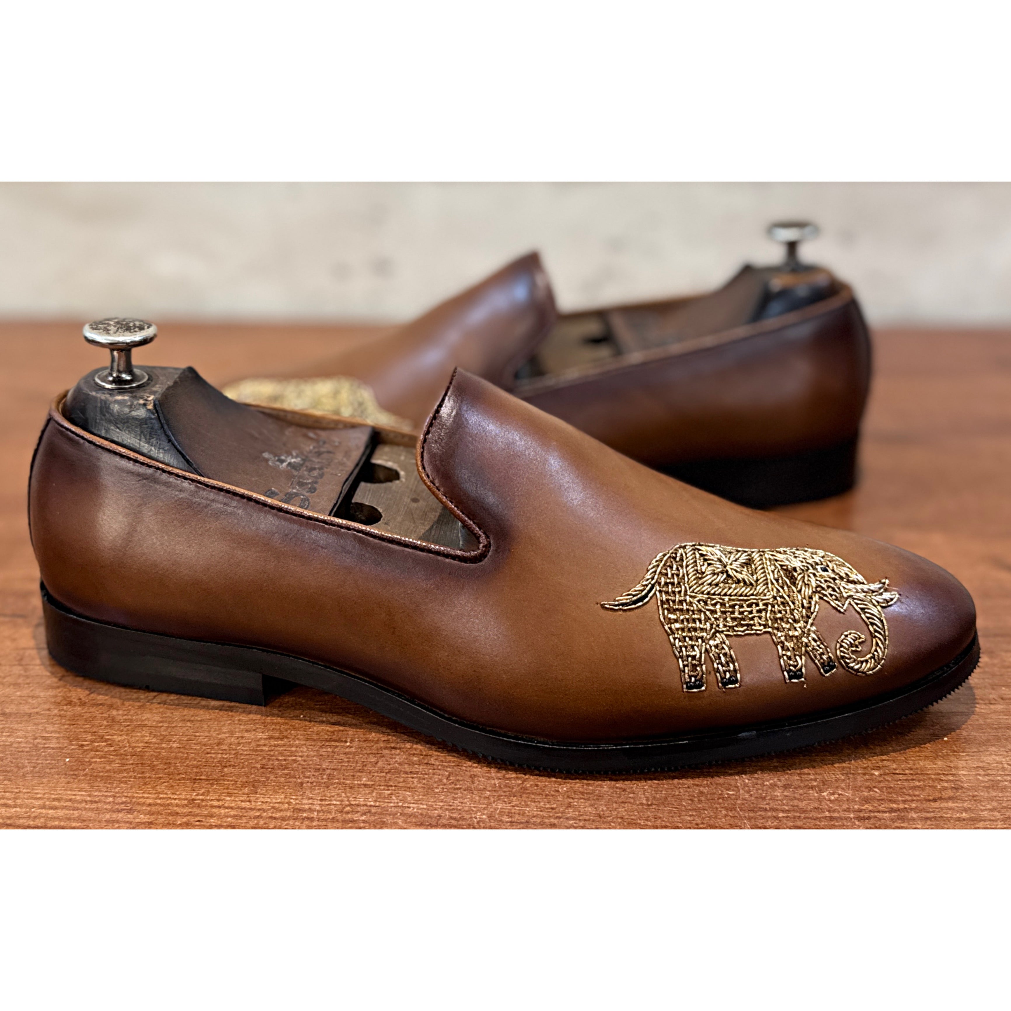 Royal Tusker Embroidered Leather Loafers