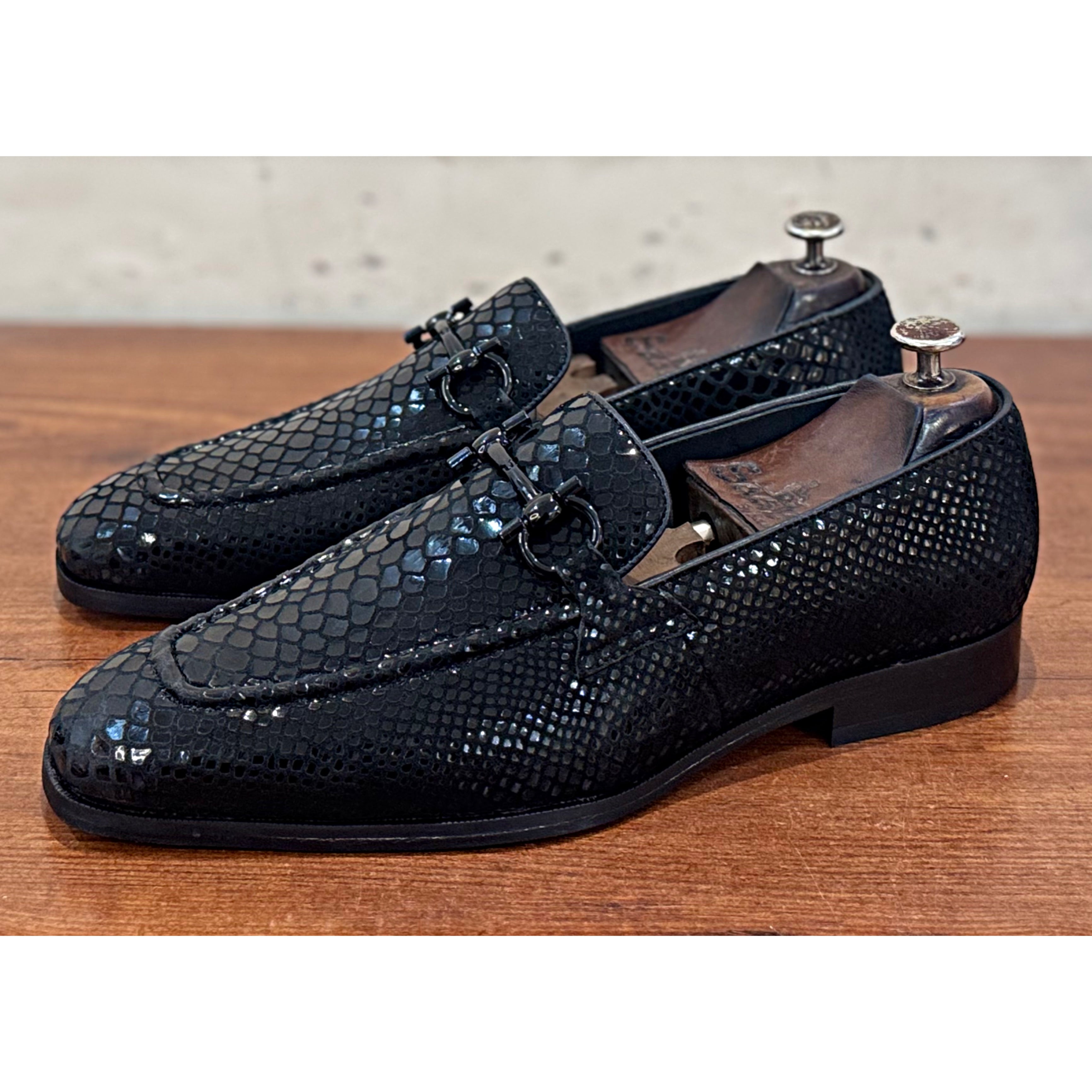 Black Snake Foil Loafers Black Buckle