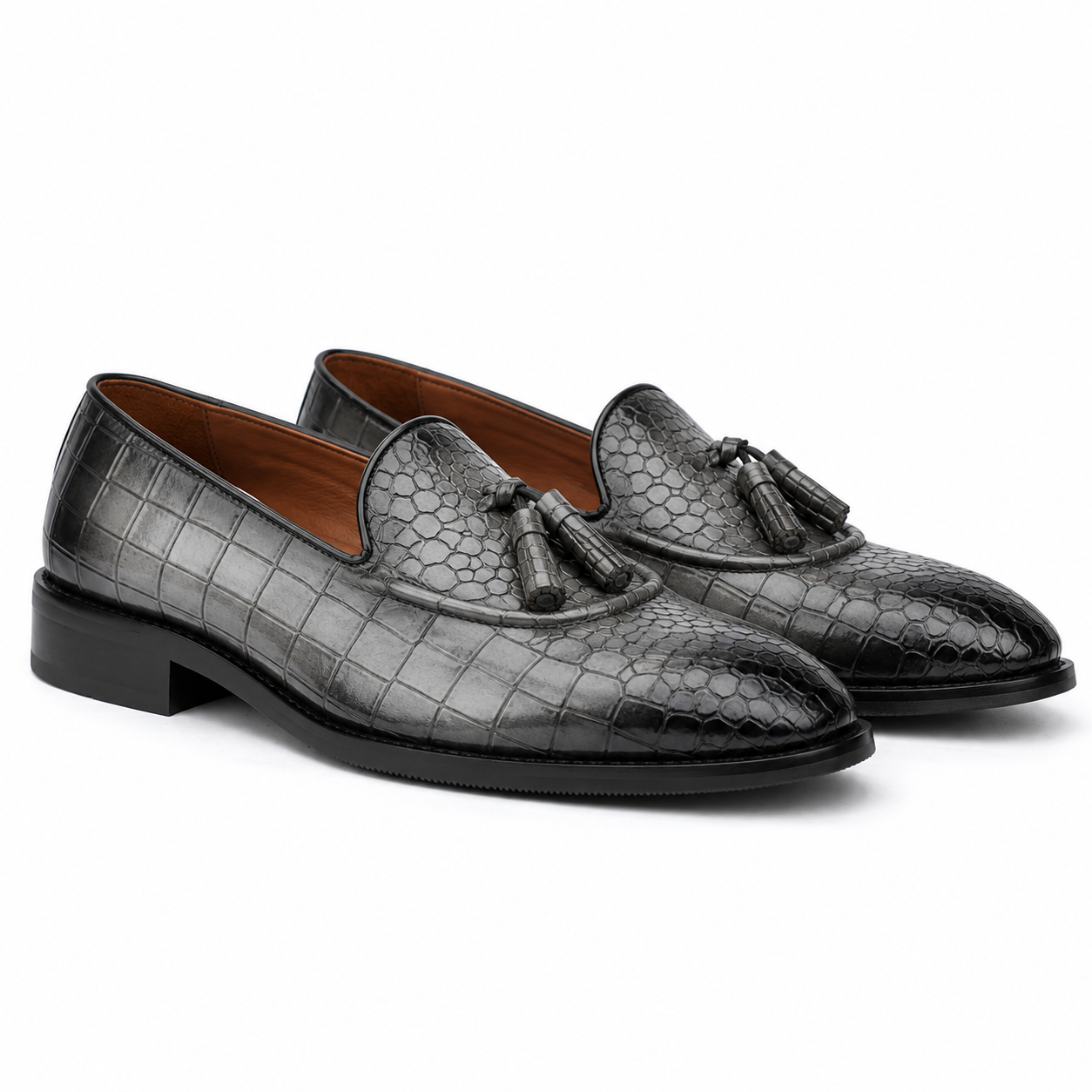 The Obsidian Crest – Black Croc Tassel Loafers