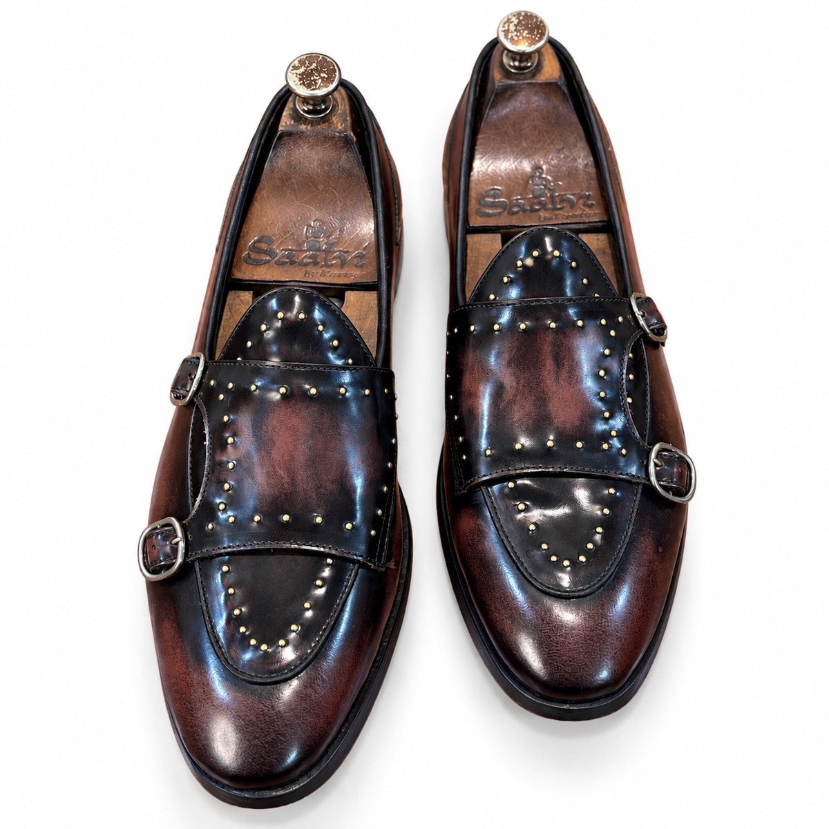 Noir Burgundy Double Monk Studded Shoes