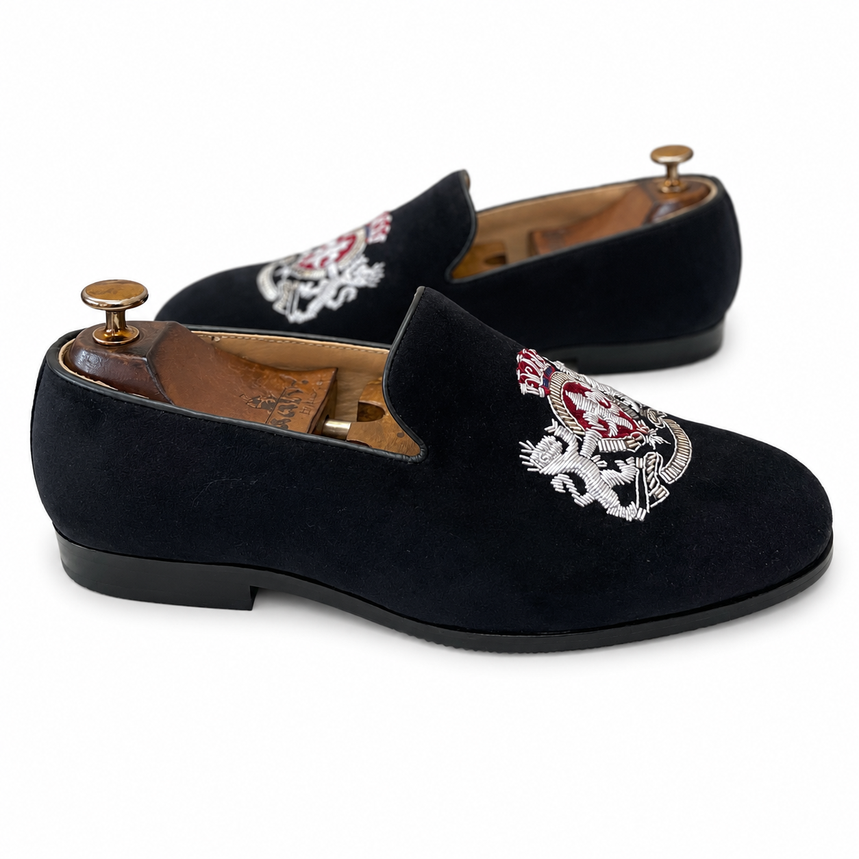 Noir Imperial Lion Crest Velvet Slip-Ons