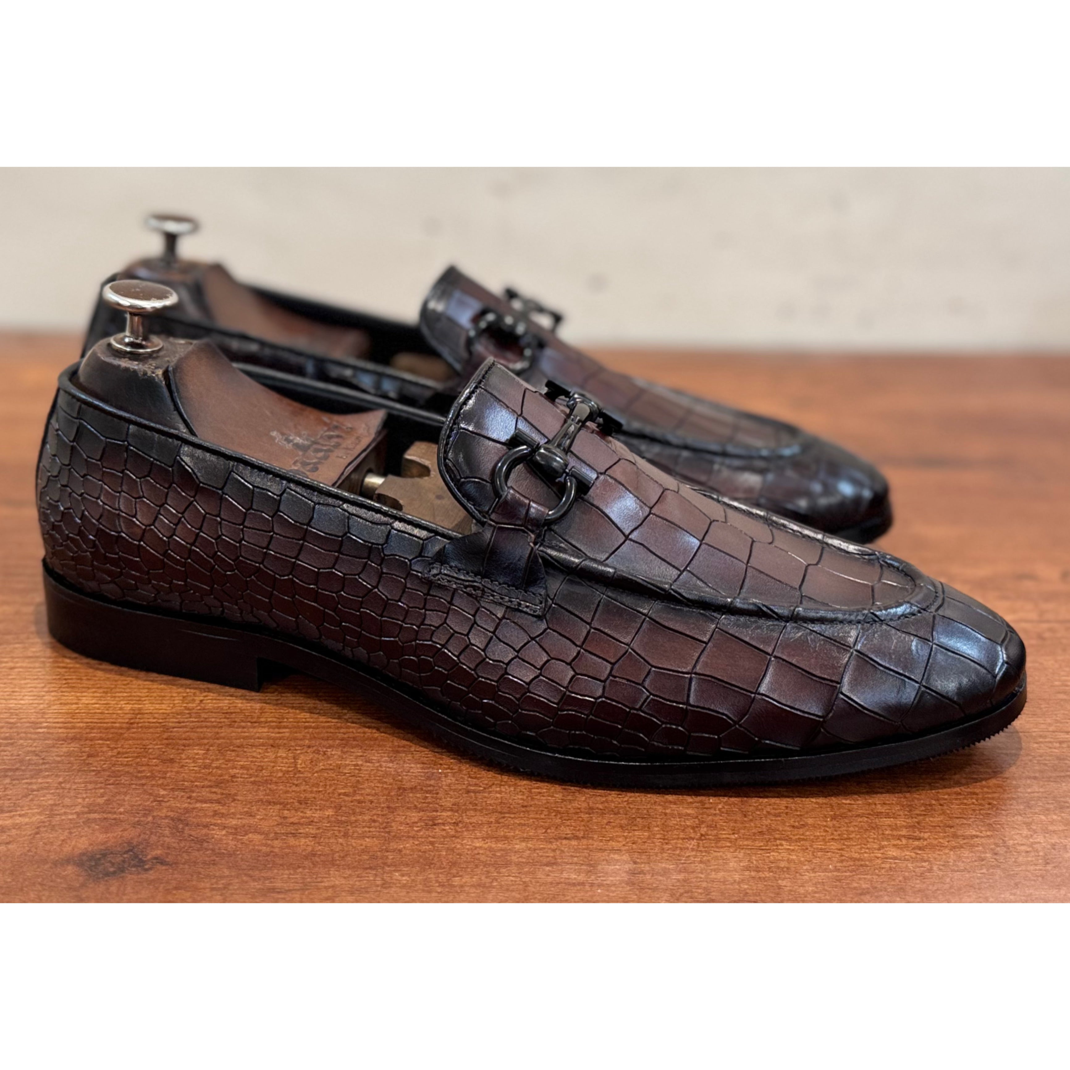 Brown Croco Loafers Black Buckle
