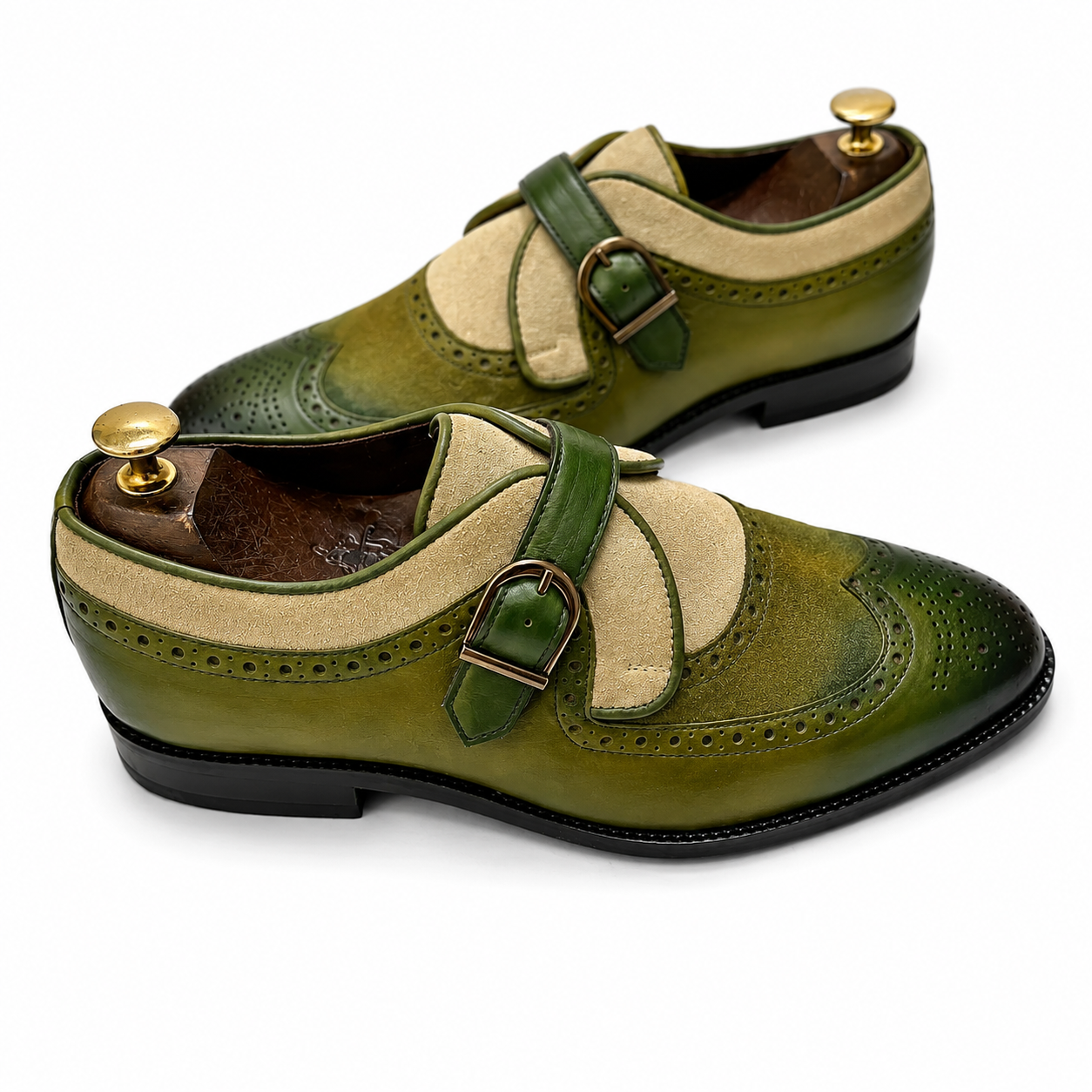 Olive Heritage Two-Tone Single Monk Strap Brogues