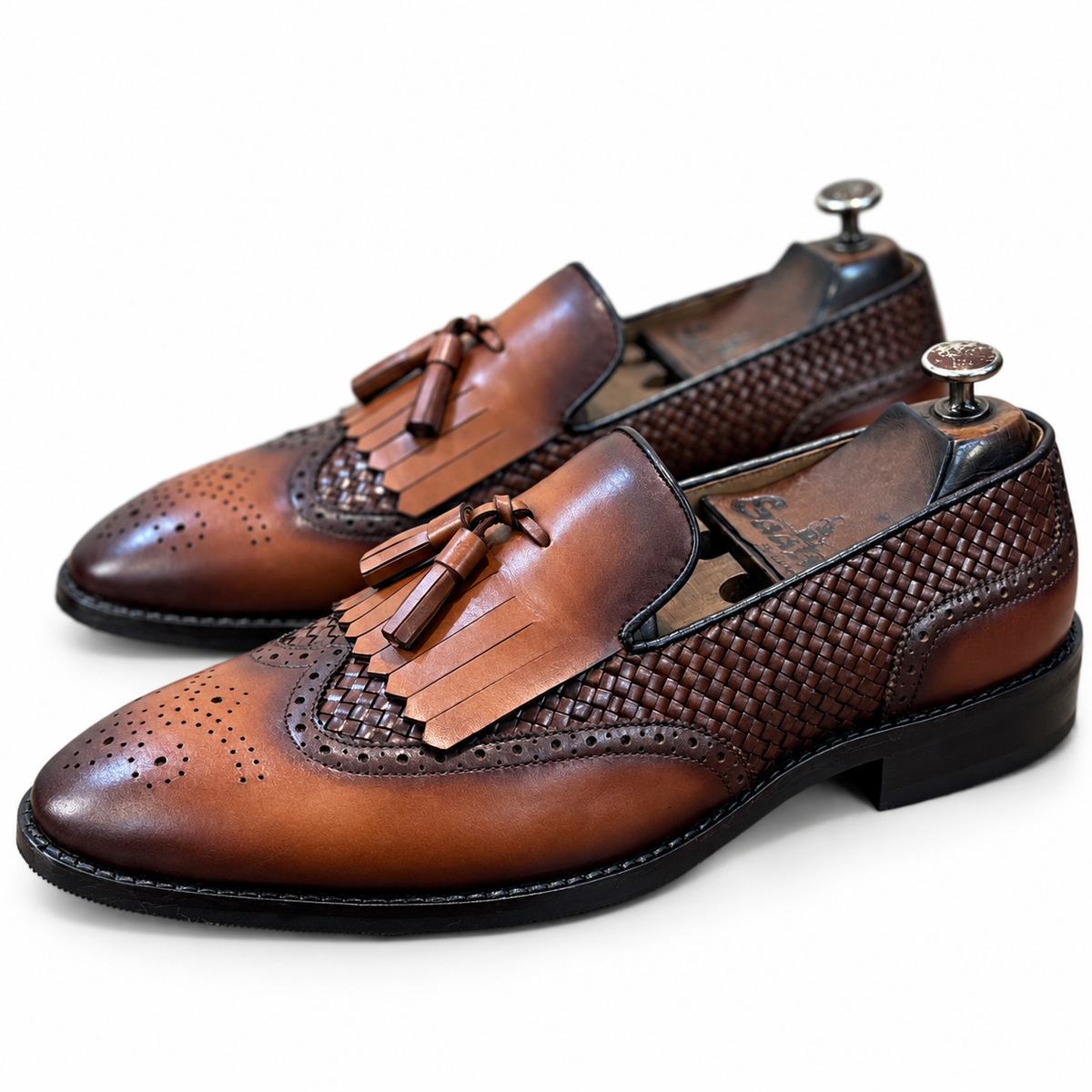 Cognac Royale Woven Wingtip Tassel Loafers