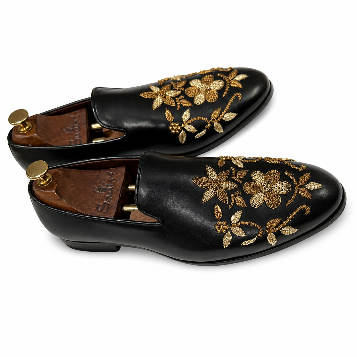 Black Leather Flower Zardosi Slipons